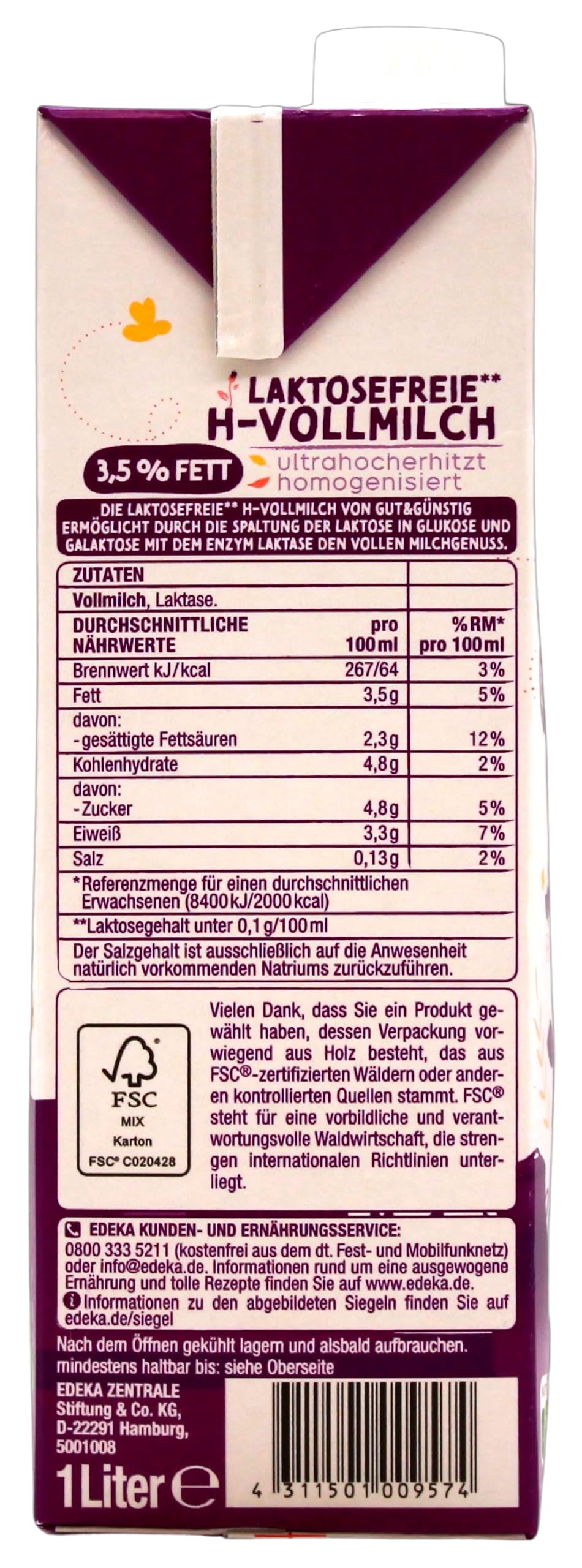Gut & Günstig laktosefreie H-Vollmilch 3,5% Fett, 12er Pack (12 x 1 l)