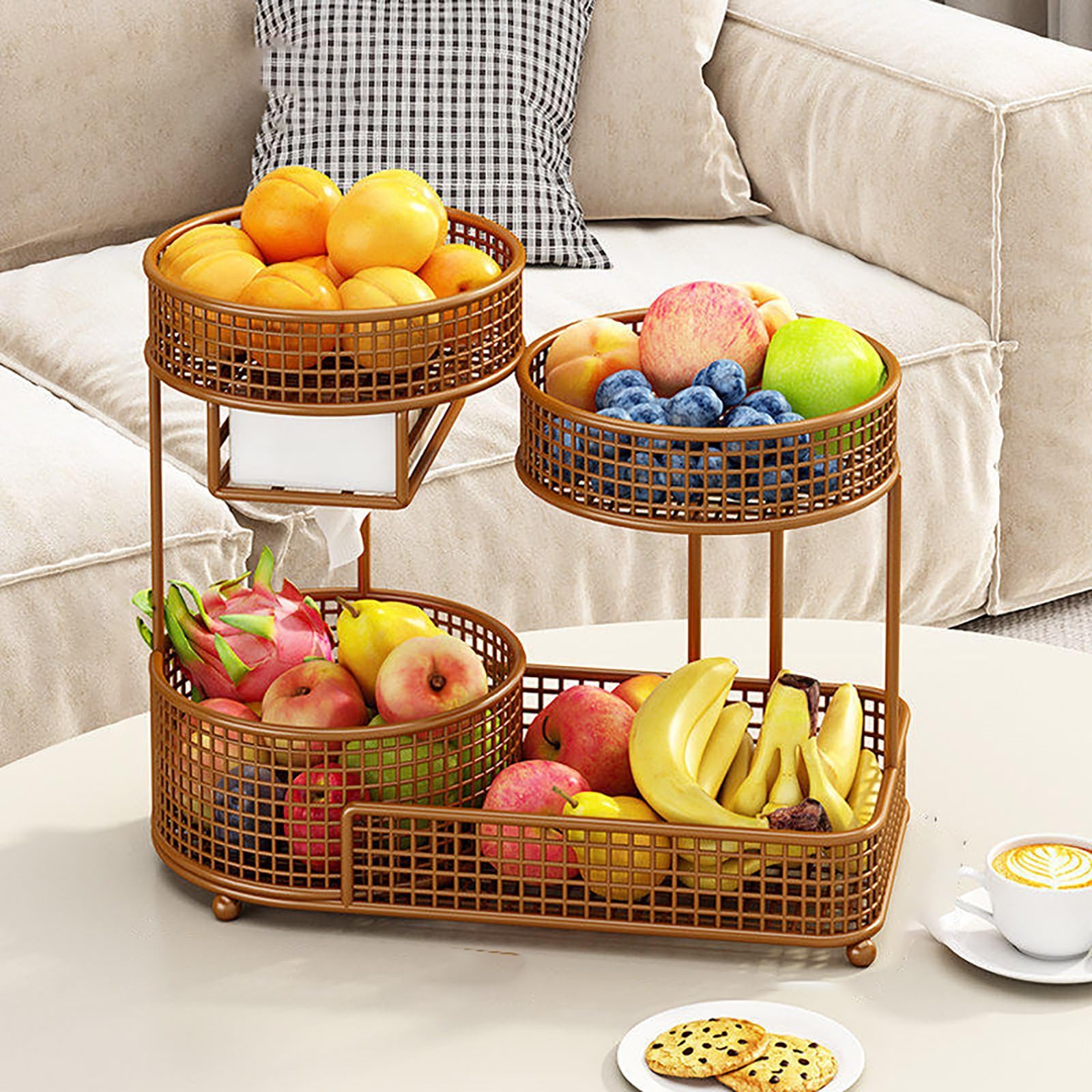 YYLMKMFC-AE 2 Tier Fruit Basket For Kitchen Counter Metal Bowl Vegetable Storage Corner Stand Bread Snack Veggies Holder Organizers(Brown,40x20x28cm)