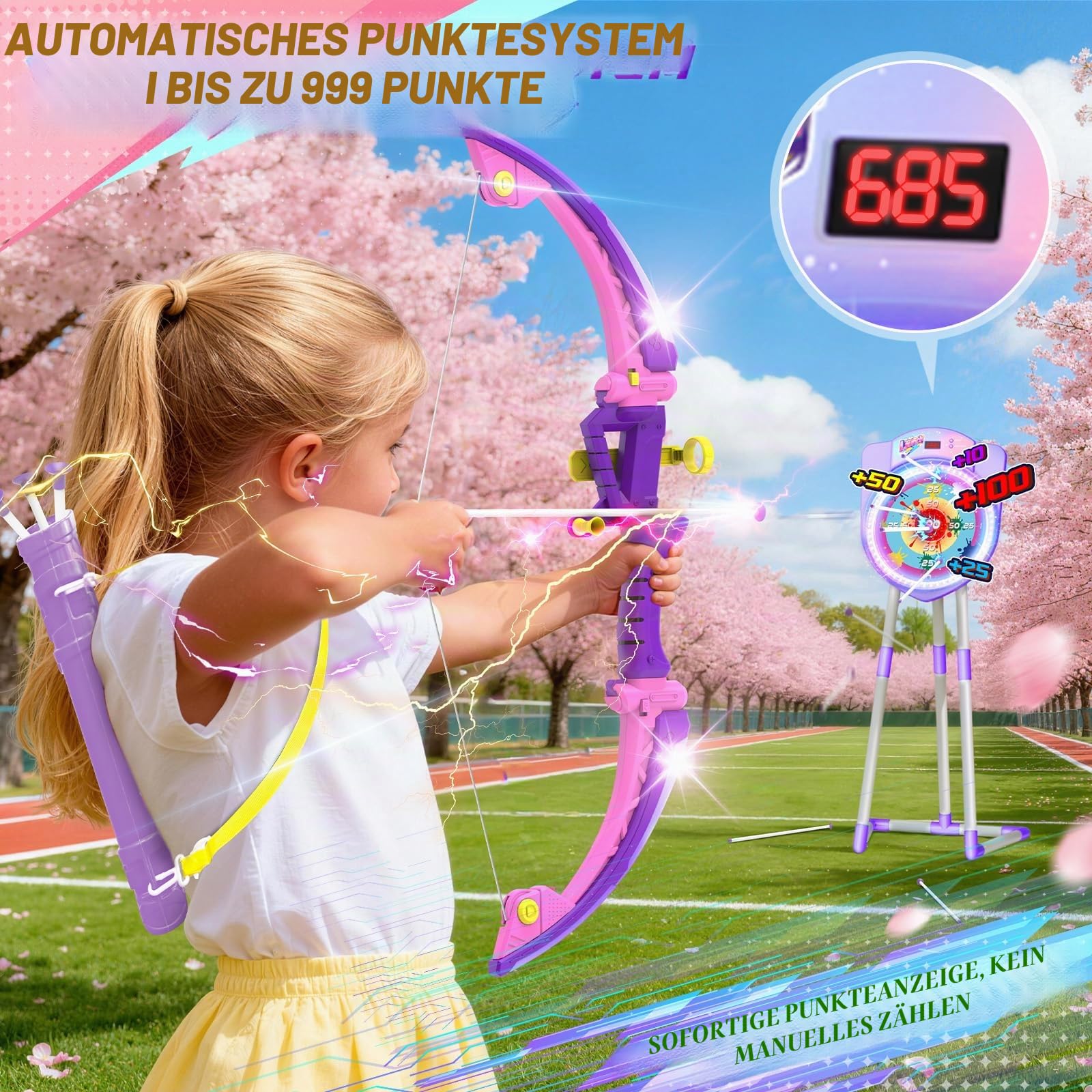 VATOS 2 Pack LED Bow and Arrow for Kids with Auto Scoring, Light Up Archery Set with 10 Suction Cup Arrows, 2 Quivers, LED Archery Target, Indoor Outdoor Backyard Toy Gift
