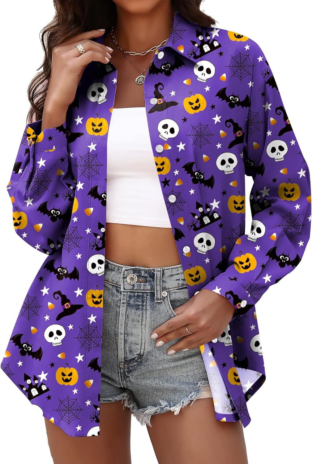 Halloween Shirts for Women: Pumpkin Skeleton T-Shirts Graphic Halloween Fall Long Sleeve Hawaiian Button Down Blouse