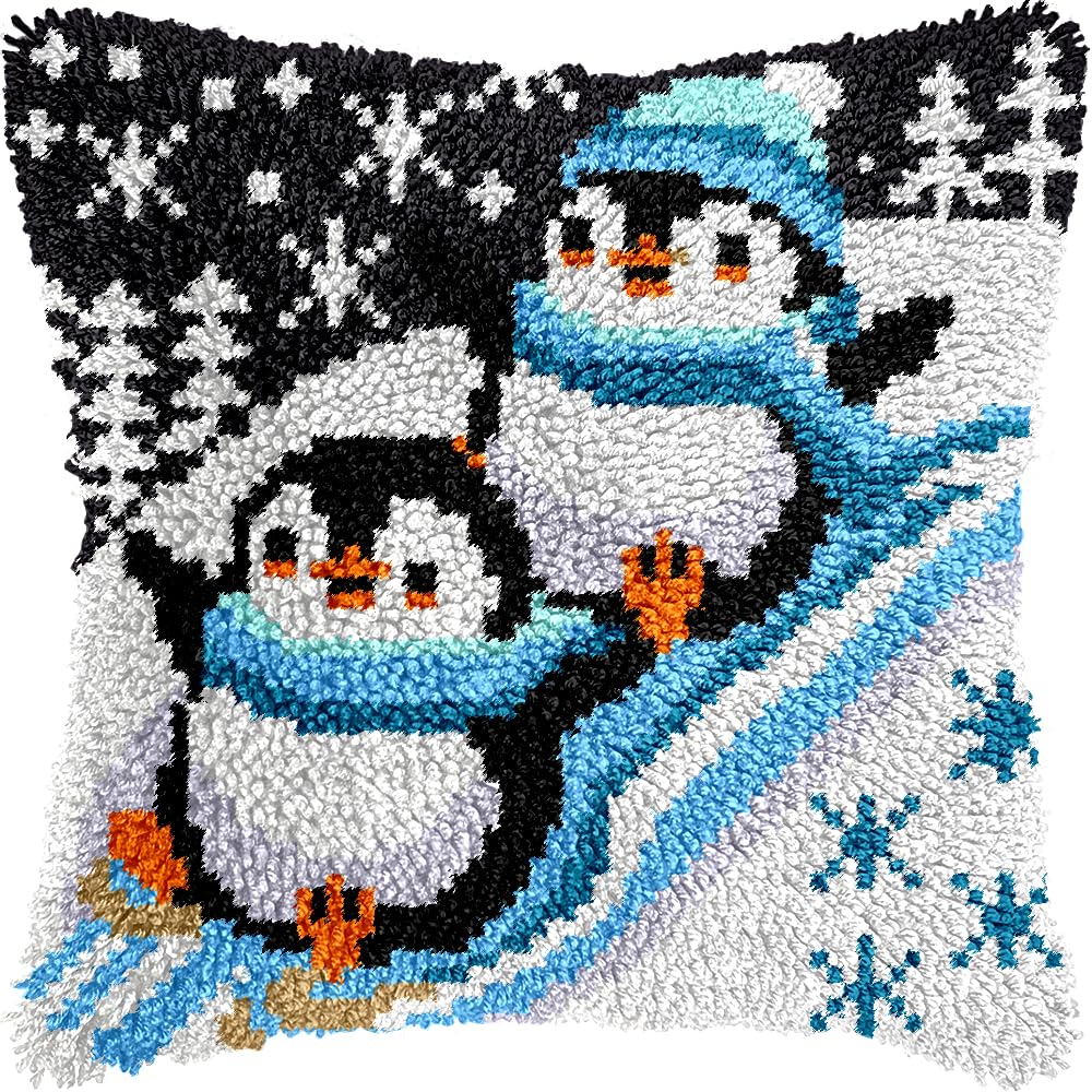 veirousa Skiing Penguins Christmas Latch Hook Kits for Adults Beginners Cute Aniamls Winter Latch Hook Pillow Kit