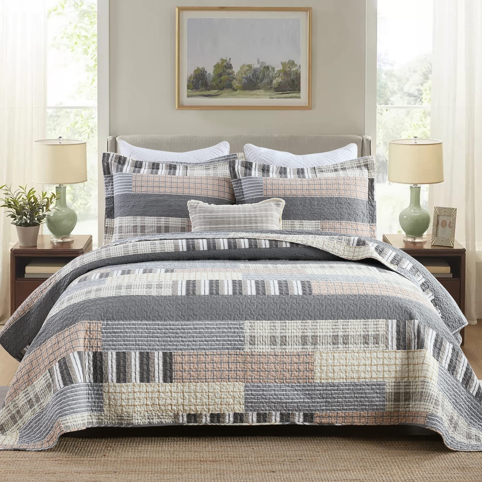 KALOOLA Quilts King Size, 100 Cotton King Size Bedspreads, Grey Brown