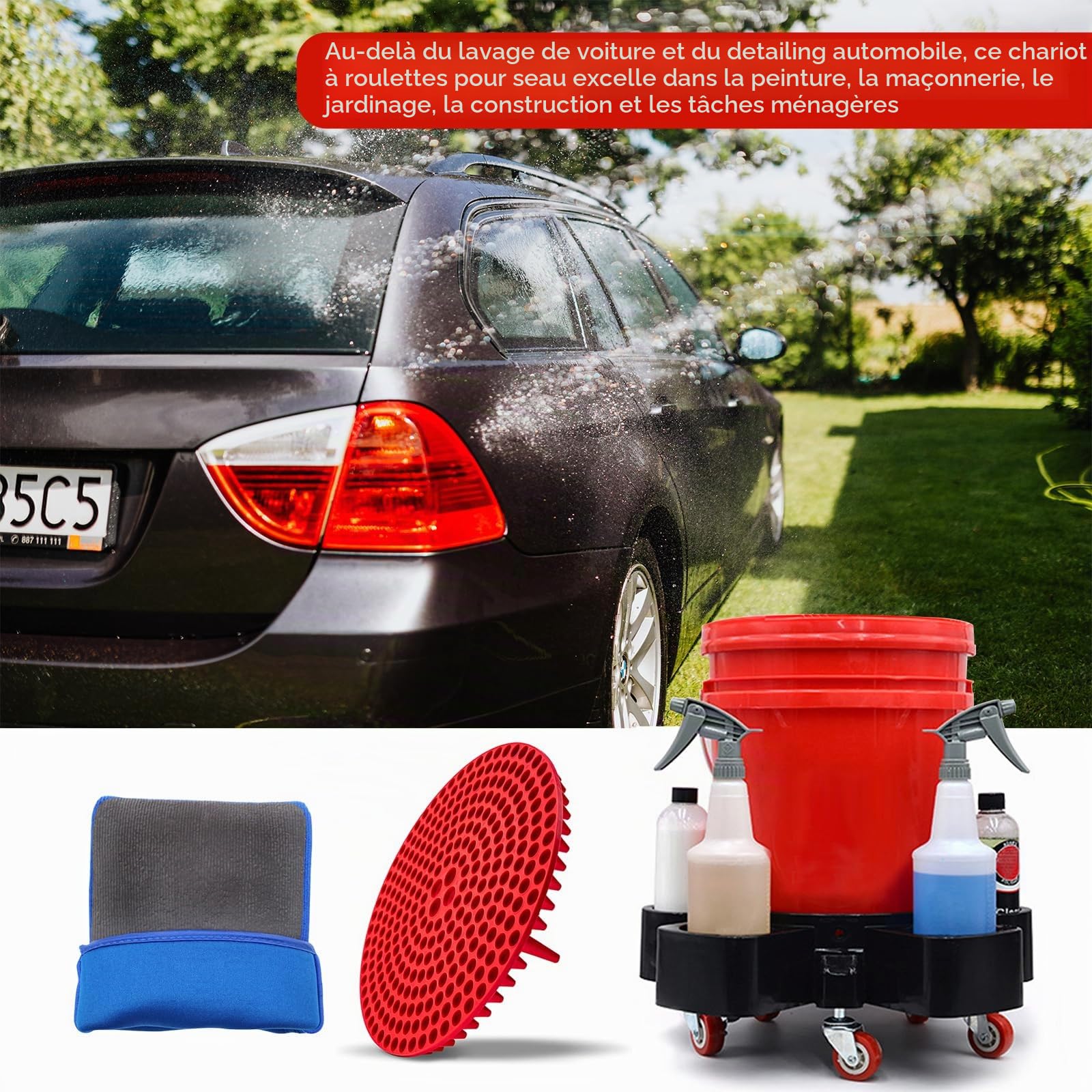 Ensemble seau de lavage de voiture avec porte-bouteille, filtre à sédiments et gant de lavage, 5 roulettes pivotantes, 2 avec freins, seau à roulettes facile à pousser pour nettoyage de voiture et