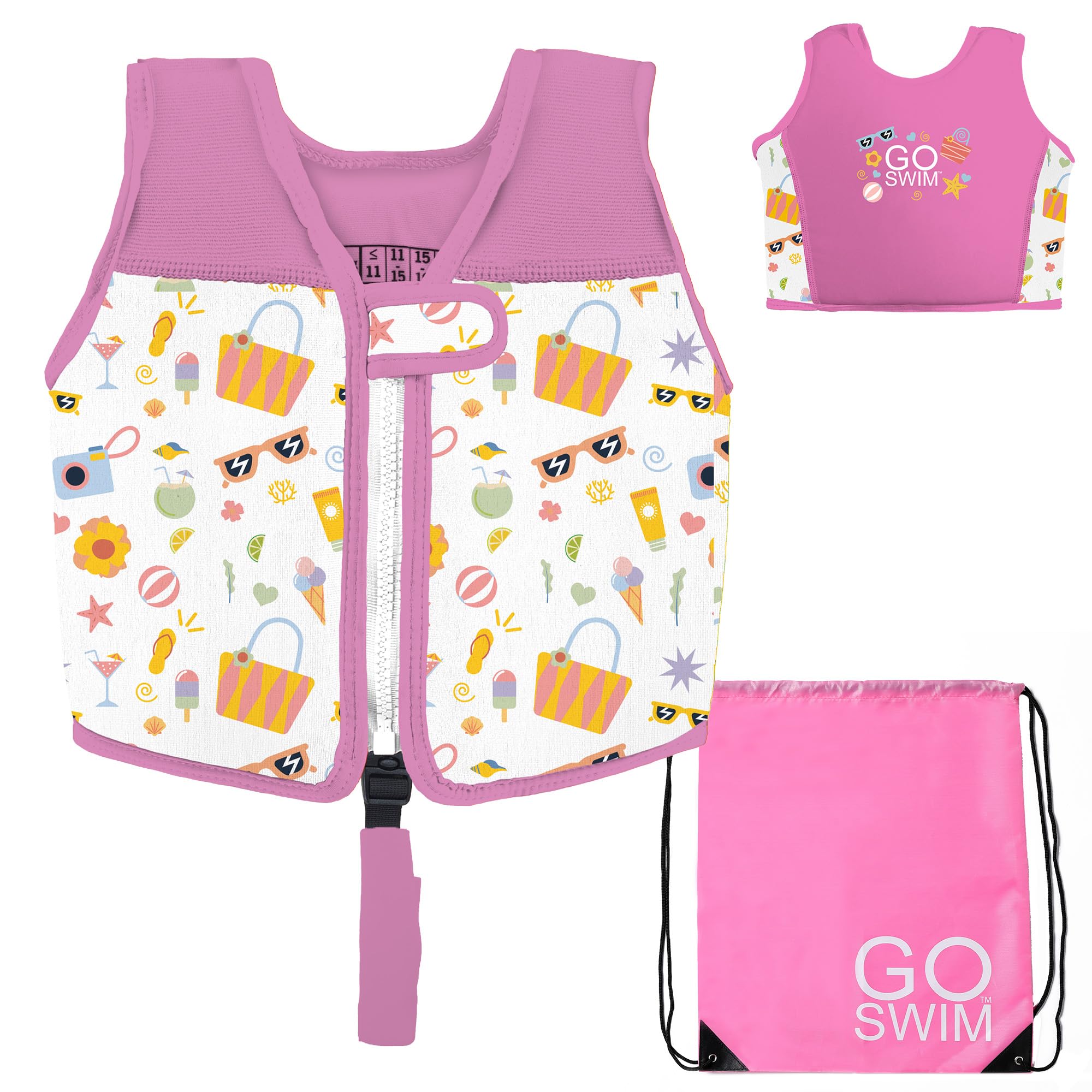 Go Swim Float Vest – Baby, Toddler & Kids Swim Vest - Fixed Buoyancy & Safety Strap. *Includes Free Swim bag* (Beach Please, 1-3 Years/11-19kgs)
