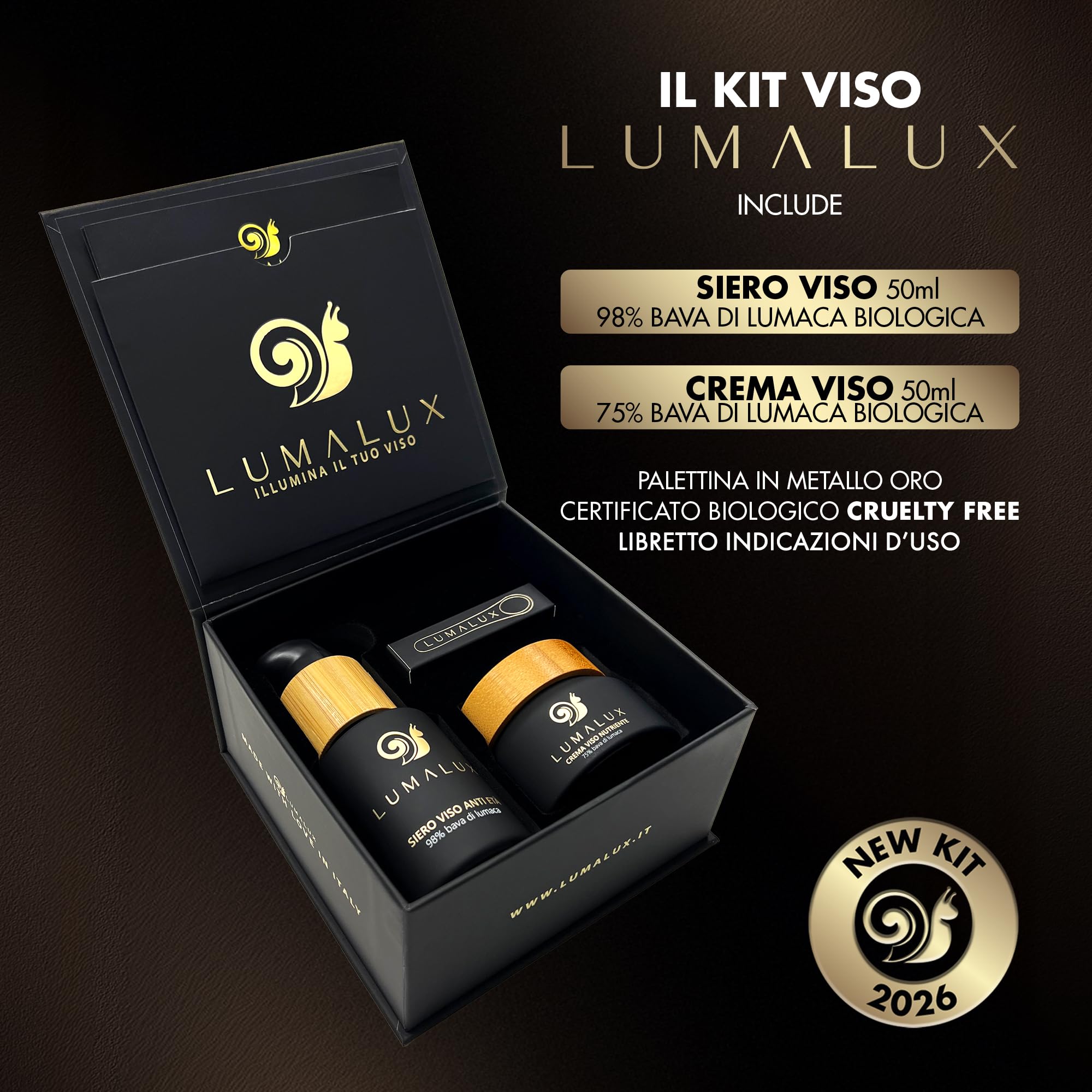 Lumalux- 2 in 1, Siero e Crema con Bava Di Lumaca 98% e 75%- Acido Ialuronico Antirughe e Aloe Vera