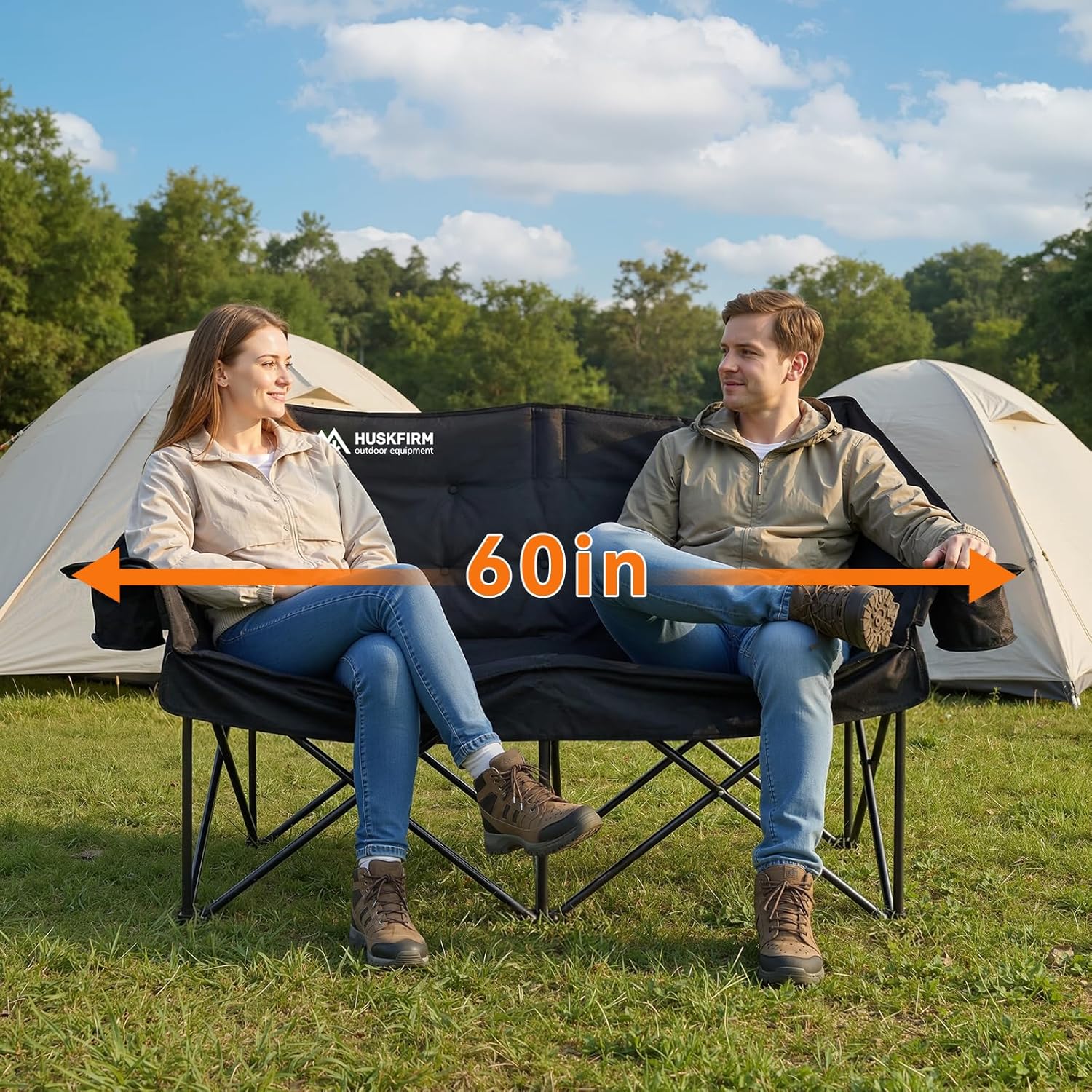 Double Camping Chair Padded Camping Chairs Heavy Duty 2 Person Camping Chair Oversized Loveseat Camping Chair with Cup Holders Camping Couch Support 800LBS,Black