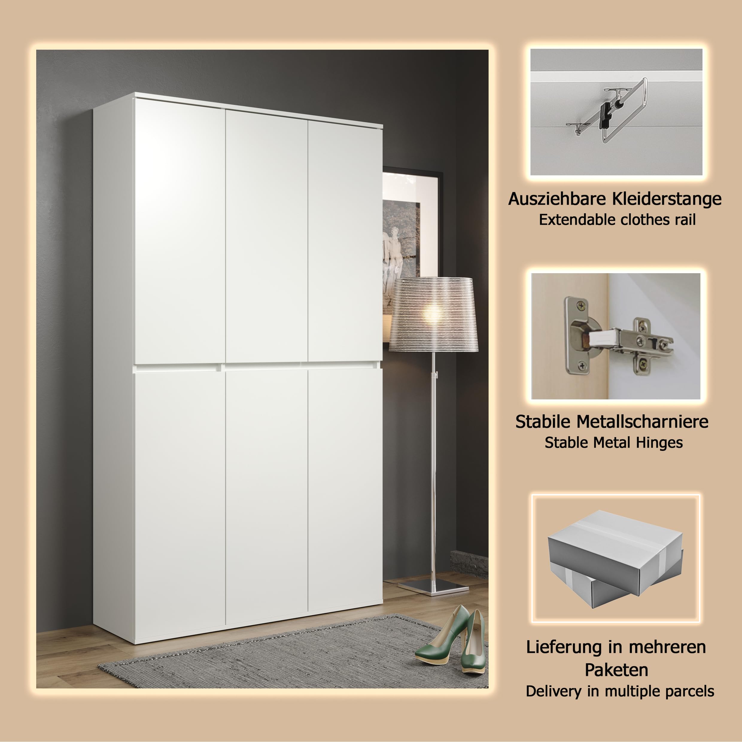 trendteam smart living - Nevada - Mehrzweckschrank - Weiß - Schrank mit 6 Türen, 12 Einlegeböden und 1 Kleiderstange - (BxHxT) 111 x 191 x 34 cm - grifflose Türen