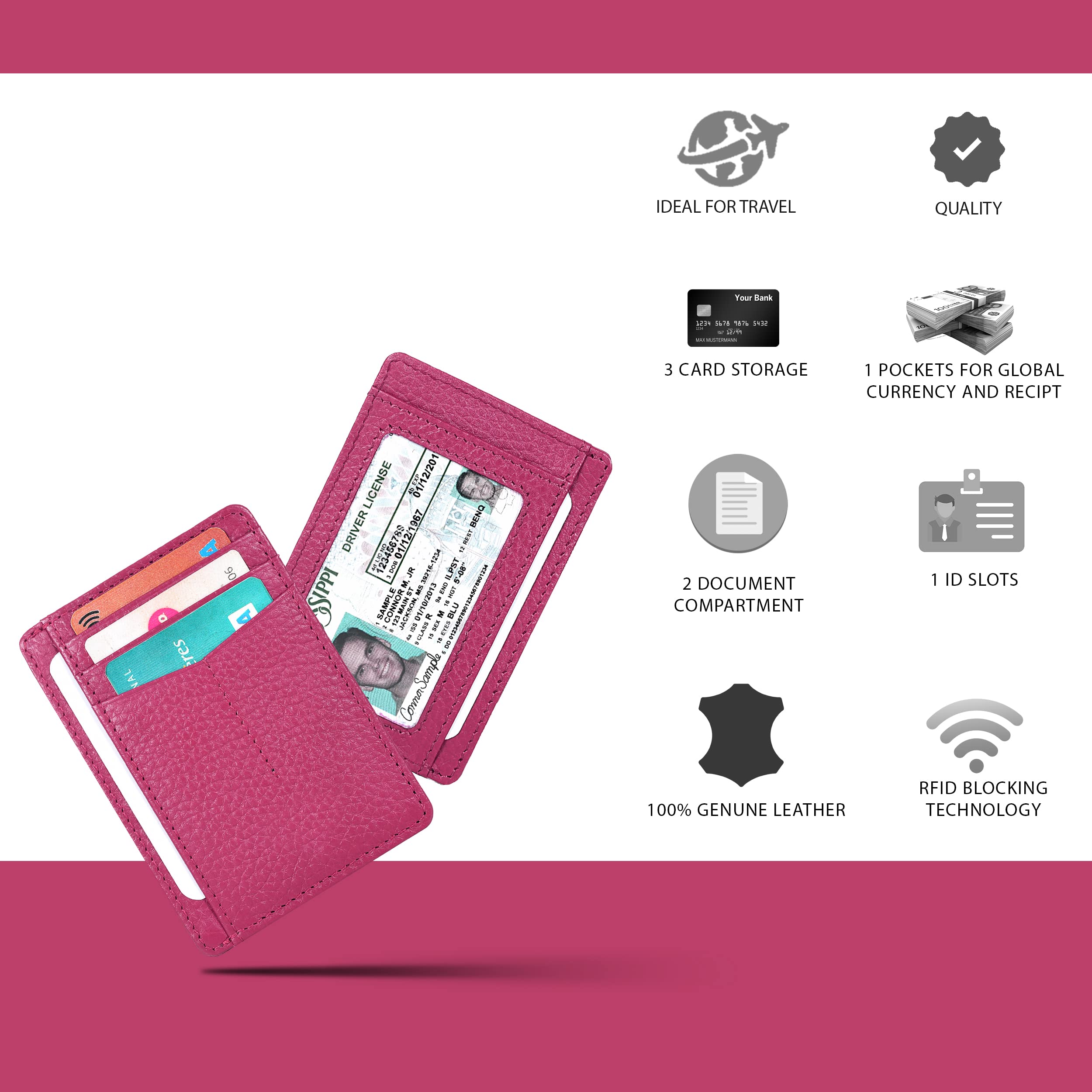 Compact Leather Wallet | Made For Him And Her | Dark Pink | Multiple Card Holder | RFID Blocked | Gift For Man | Gift For Woman