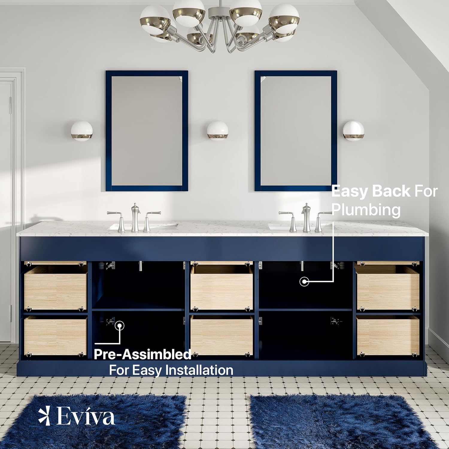 Eviva Epic 96 in. Blue Double Sink Bathroom Vanity with White Carrara Quartz Countertop