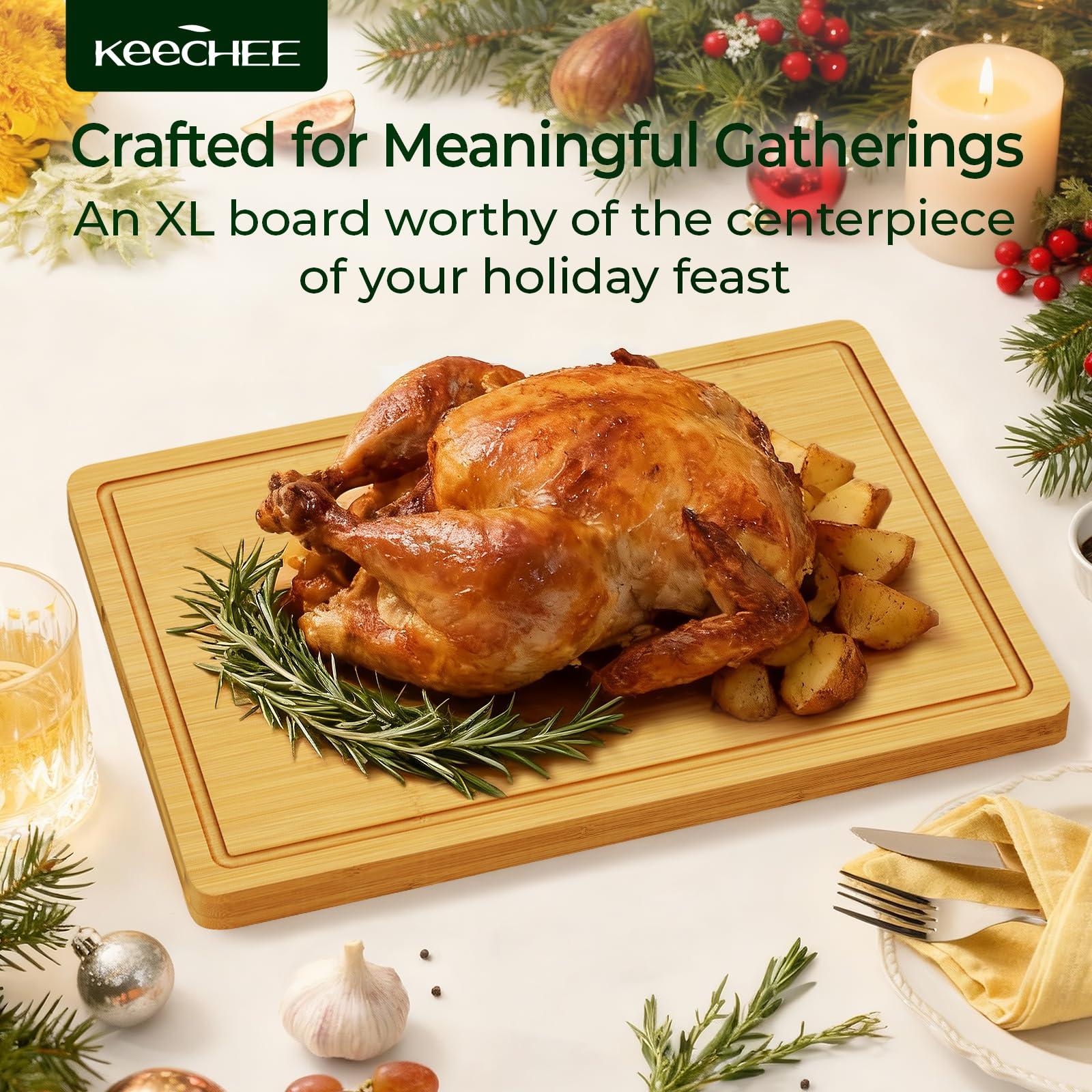 Keechee Bamboo Cutting Board, Durable Wood Cutting Boards for Kitchen with Deep Juice Grooves & Built-in Handles, Ideal Charcuterie & Chopping for Meat, Vegetables and Fruits Ideal Kitchen Gifts: Natural Bamboo 17.9"L x 12"W