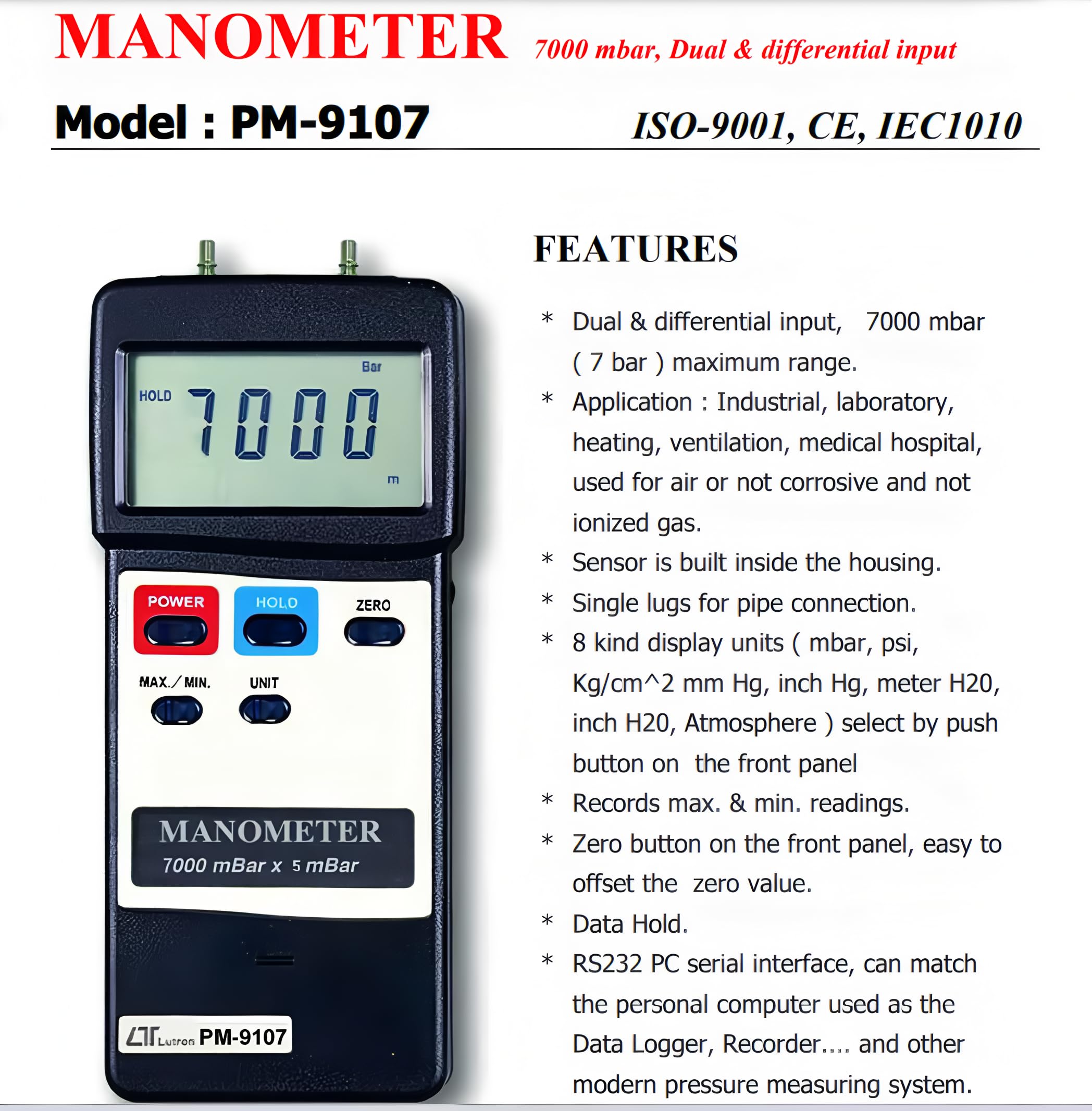 i-POOK Digital Manometer PM-9107 7000 mbar Dual & differential input Manometer Gas Pressure Tester LCD Display With RS232 Interface for any gas pressure system trouble made in Taiwan