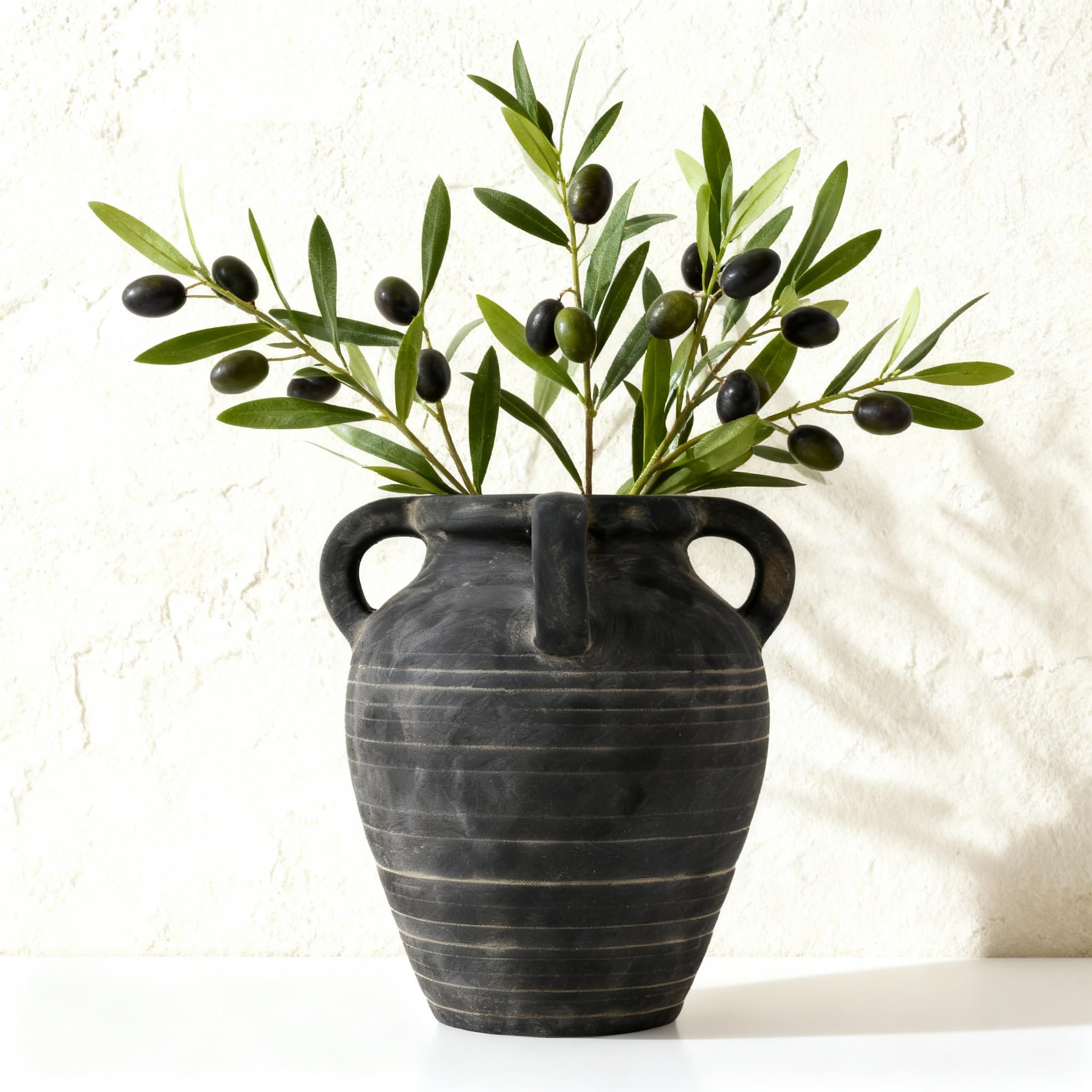 Handgefertigte Blumenvase, 25,9 cm, rustikale Terrakotta-Vase mit 4 Griffen, Vintage-Keramik-Blumenvase, mattschwarzer Ohrtopf für Eingang, Tisch, Regal, Wohnzimmer, Kamin, Heimdekoration