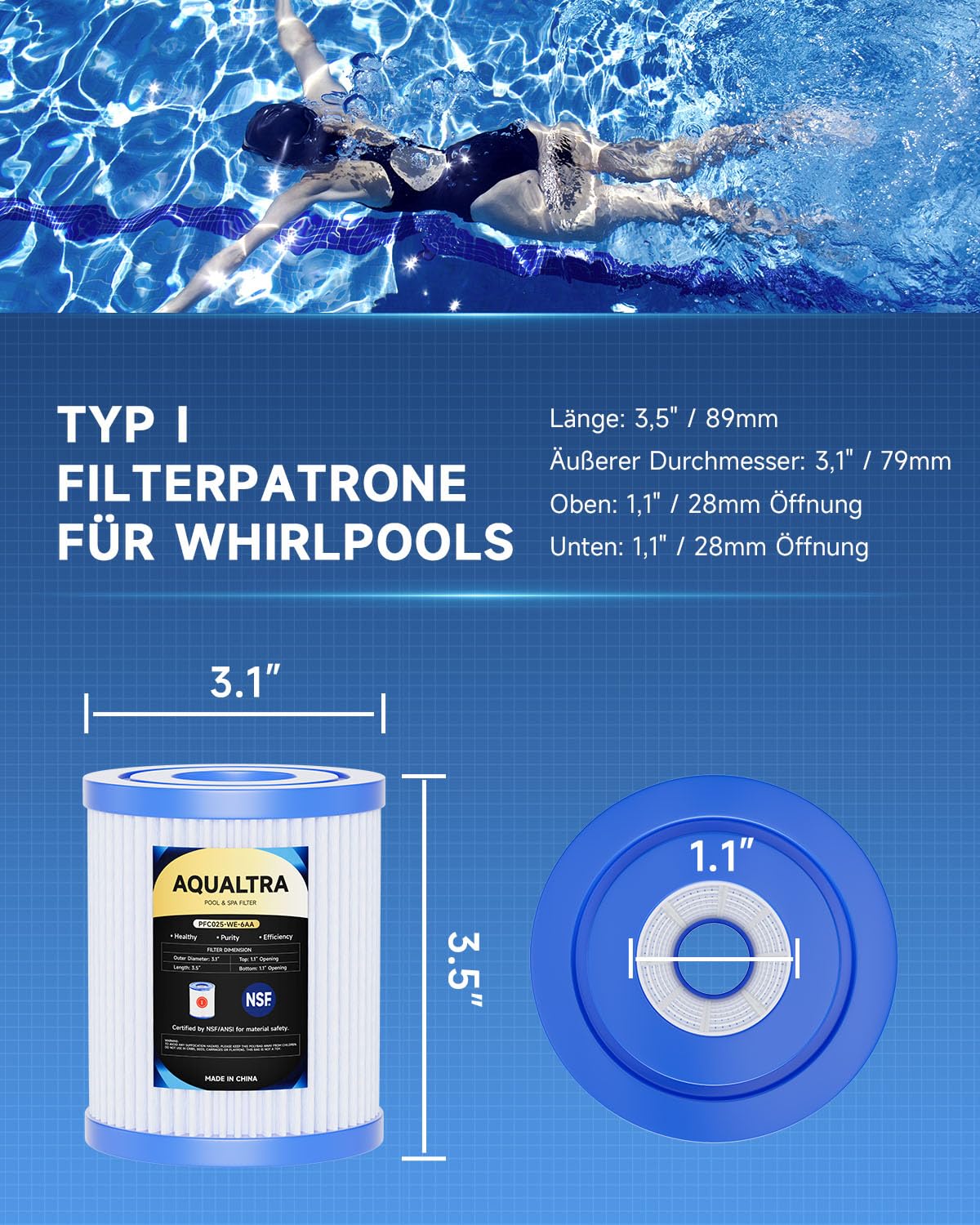 AQUALTRA Lot de 6 Type I Filtre de Piscine Compatible avec 58093/58511/58381/58511E, Filtre de 330 Gallons, 89mm x 79mm Cartouche Filtre de Piscine Hors Sol