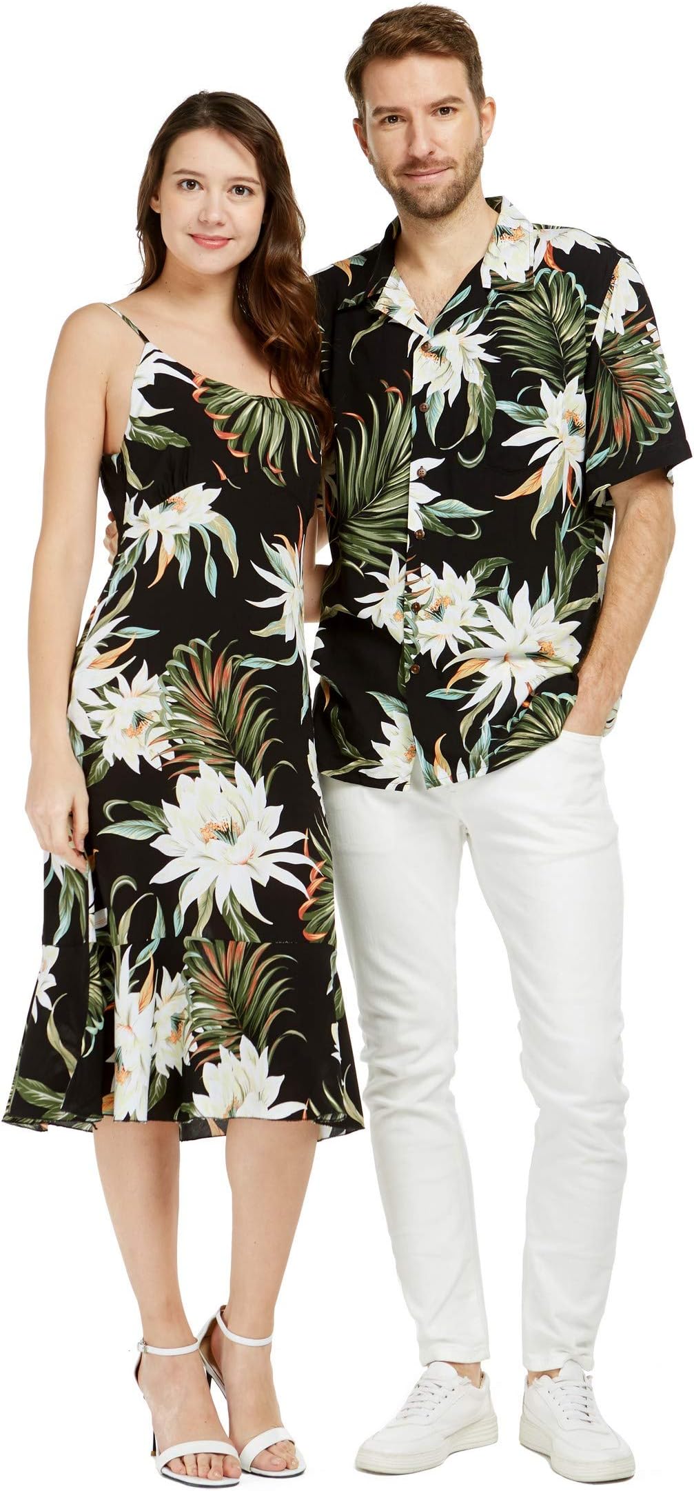 Hawaii HangoverMatchable Couple Hawaiian Luau Shirt or Mermaid Ruffle Dress in Wispy Cereus Black