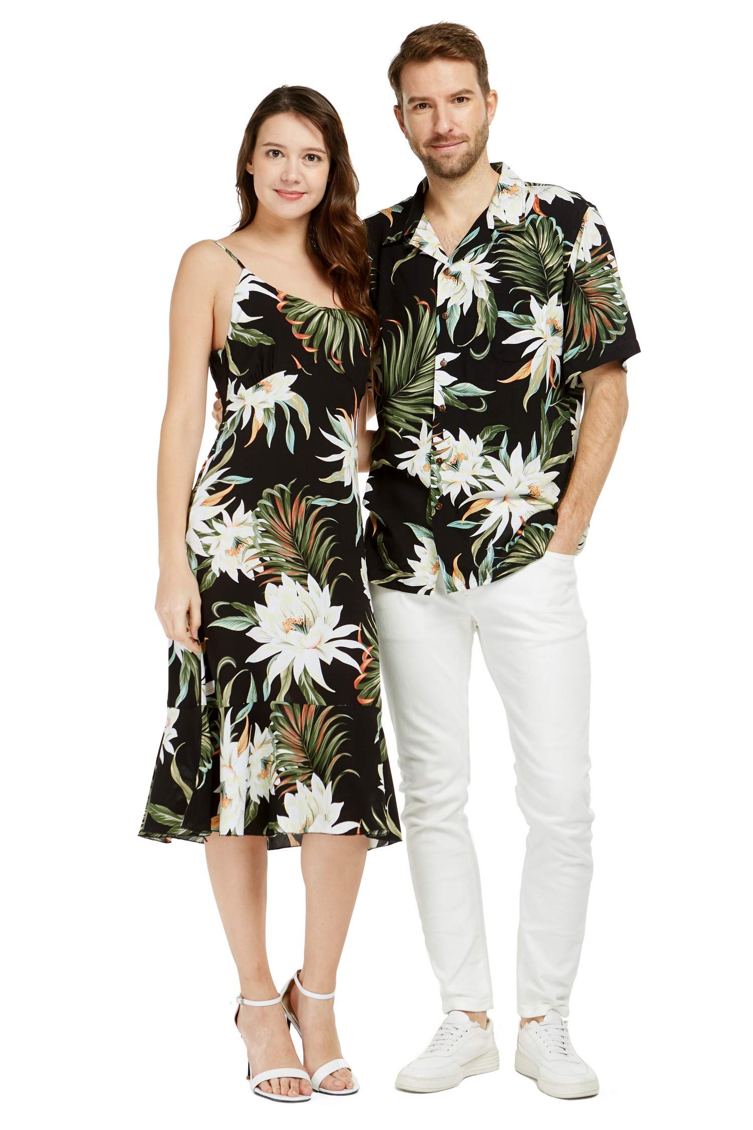 Hawaii HangoverMatchable Couple Hawaiian Luau Shirt or Mermaid Ruffle Dress in Wispy Cereus Black