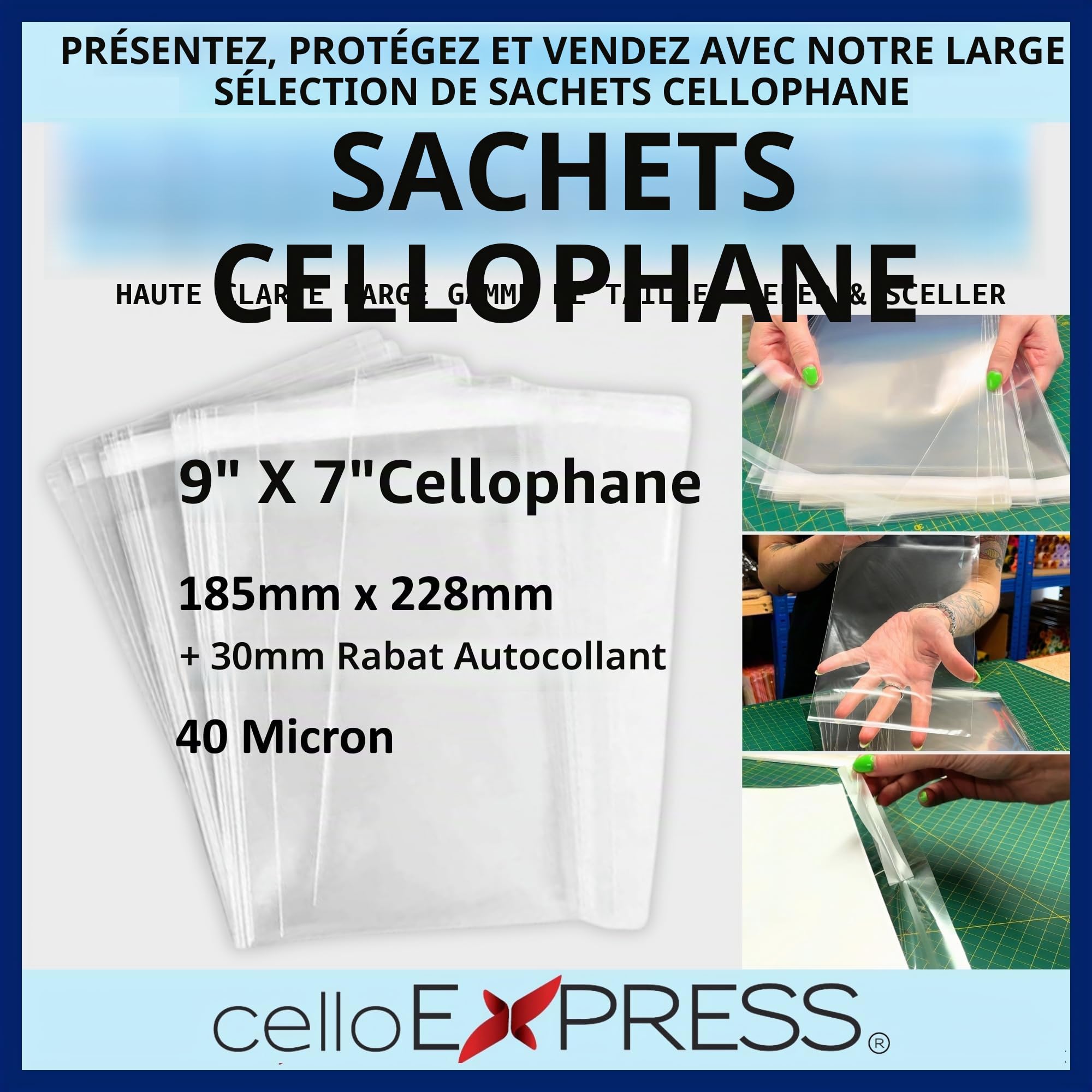 Sacs de présentation auto-scellants en cellophane pour brochures 23 x 18 cm / magazines JW - 185 x 228 mm + rabat de 30 mm - 40 microns