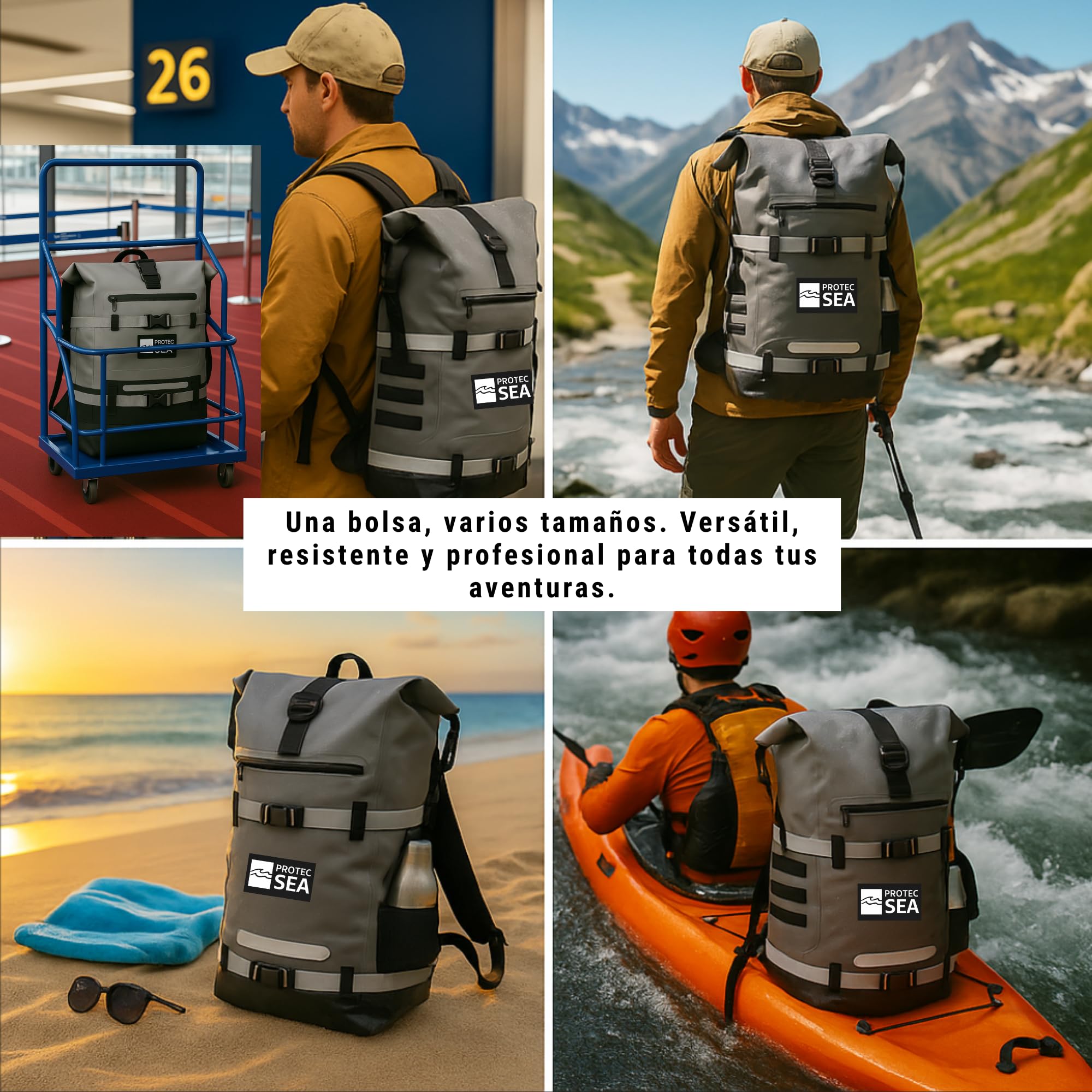 Mochila impermeable impermeable para senderismo, 25L-40L, volumen ajustable, cierre rápido, transporte cómodo, accesorios Molle, bolsillos impermeables, cinta reflectante, color gris