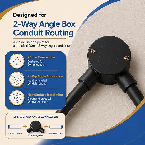 Black 20mm PVC 2 Way Angle Conduit Box with Lid & Screws - Pack of 2