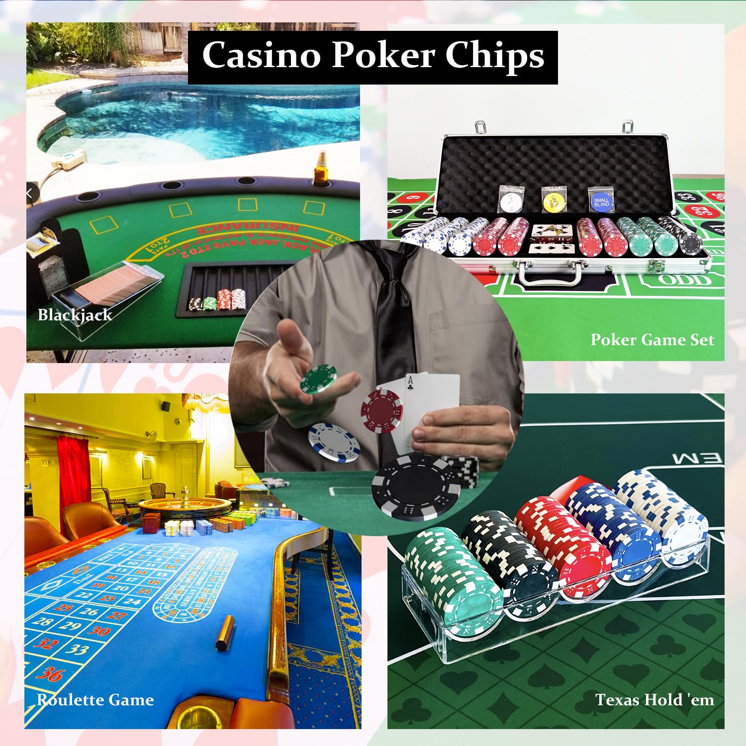 SEETOOOGAMES 200 fichas de póquer de Casino a Rayas de 11,5 g, 4 Colores (Rojo, Verde, Blanco y Azul)