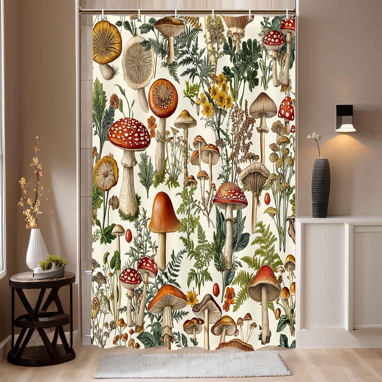 Vintage Boho Mushroom Shower Curtain, Botanical Floral Cottagecore Aesthetic Nature Shower Curtains for Bathroom, Fantasy Magical Plant Farmhouse Bathroom Accessories Beige, 36X70IN image 2