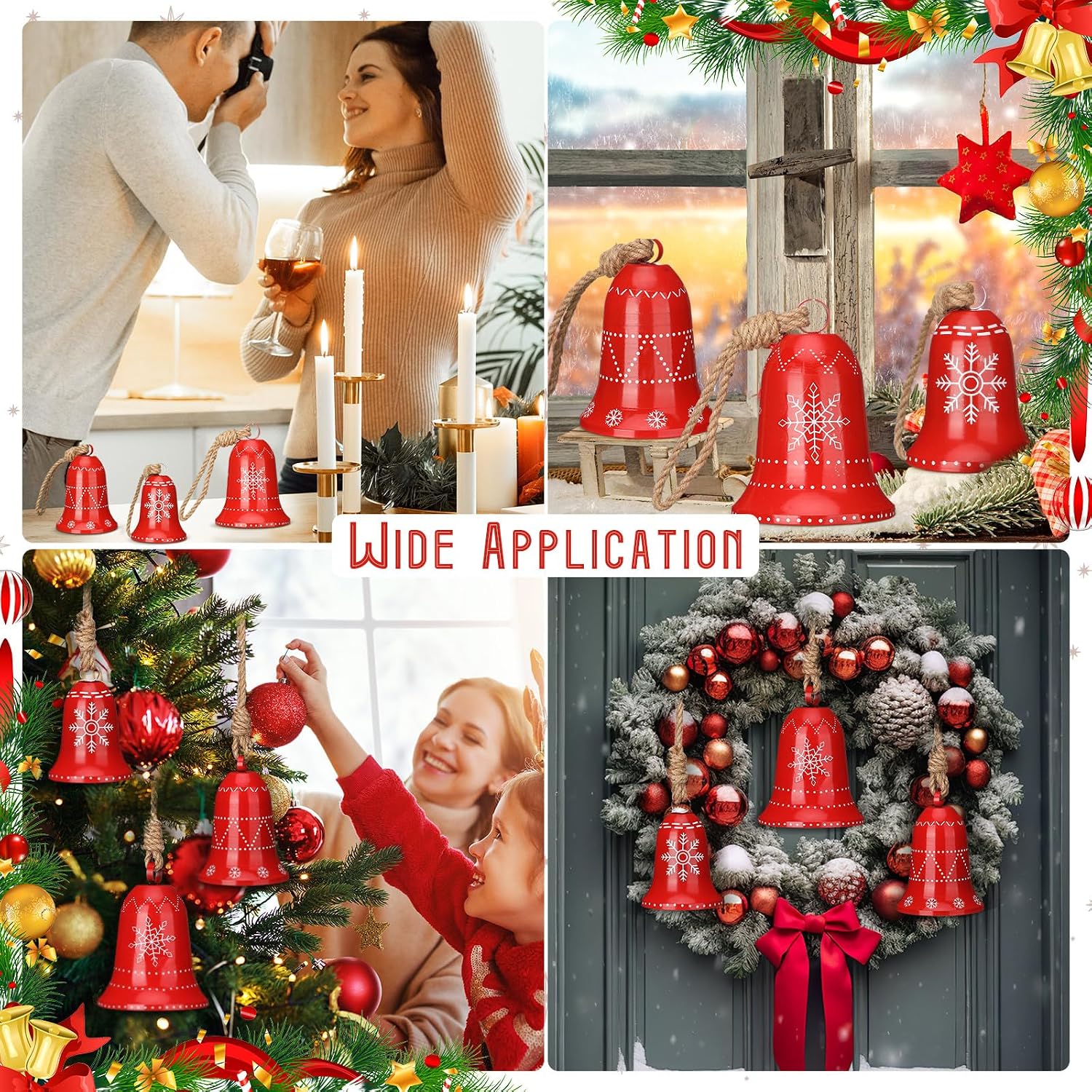Halloscume 3 Set Snowflake Cow Bells Gift Winter Decor, Large Red Metal Bell Ornaments Decorations, Rustic Winter Outside Home Wind Chime for Christmas Tree Holiday Xmas Party Decoration