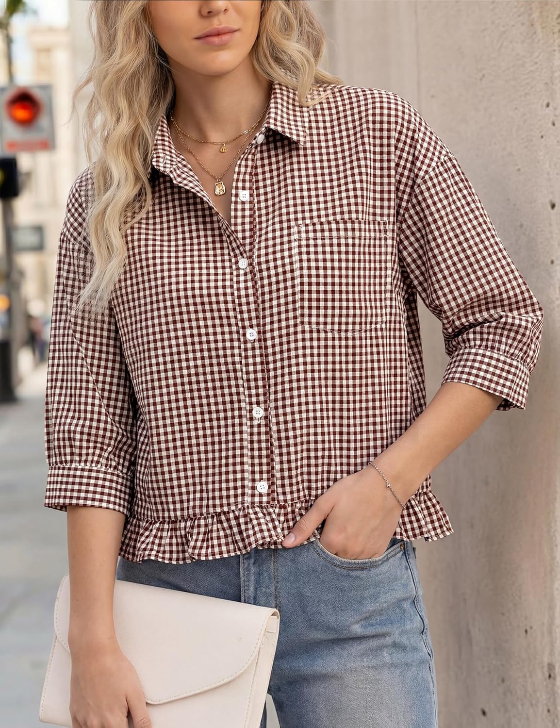 LOMON Womens 3/4 Sleeve Button Down Tops Dressy Casual Collared Shirts Blouses Ruffle Babydoll Tops Loose Fit - Image 4