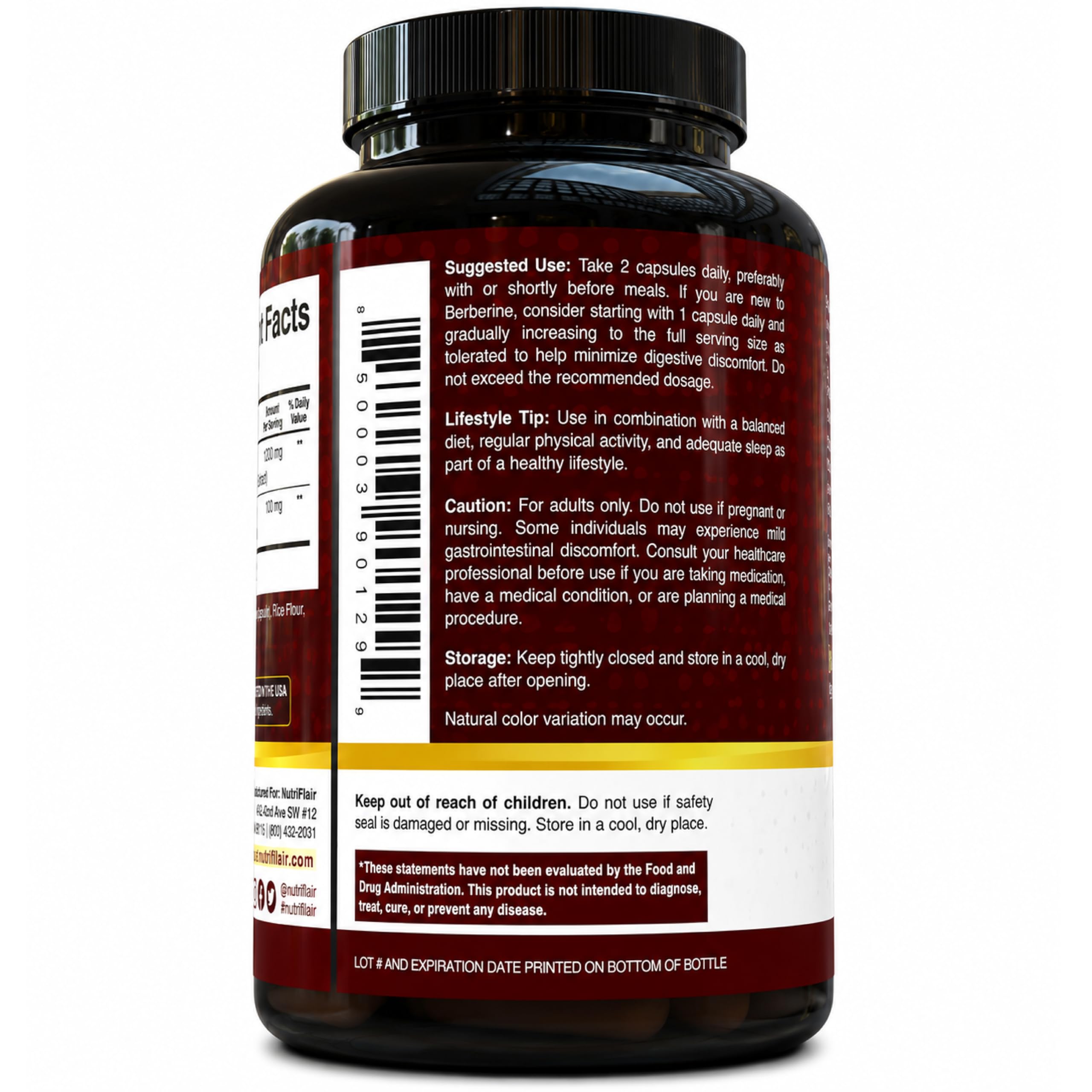 NutriFlair Berberine HCl 1200mg with Ceylon Cinnamon, 120 Capsules — Amazon image 3