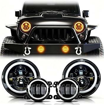 2pcs 7 Inch Round LED Headlights with Halo Angel Eyes & Amber Turn Signal + 2pcs 4 Inch LED Fog Lights Combo Fit for Wrangler JK/TJ/LJ/CJ, Super Bright