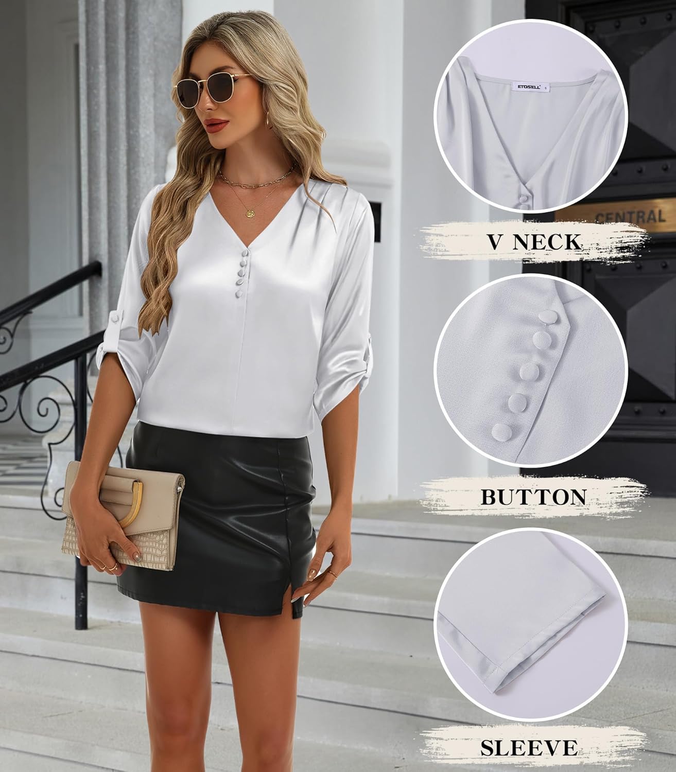 2026 Womens 3/4 Sleeve Shirts Dressy Casual Tops Pleated Satin Silk Business Blouses - Image 6