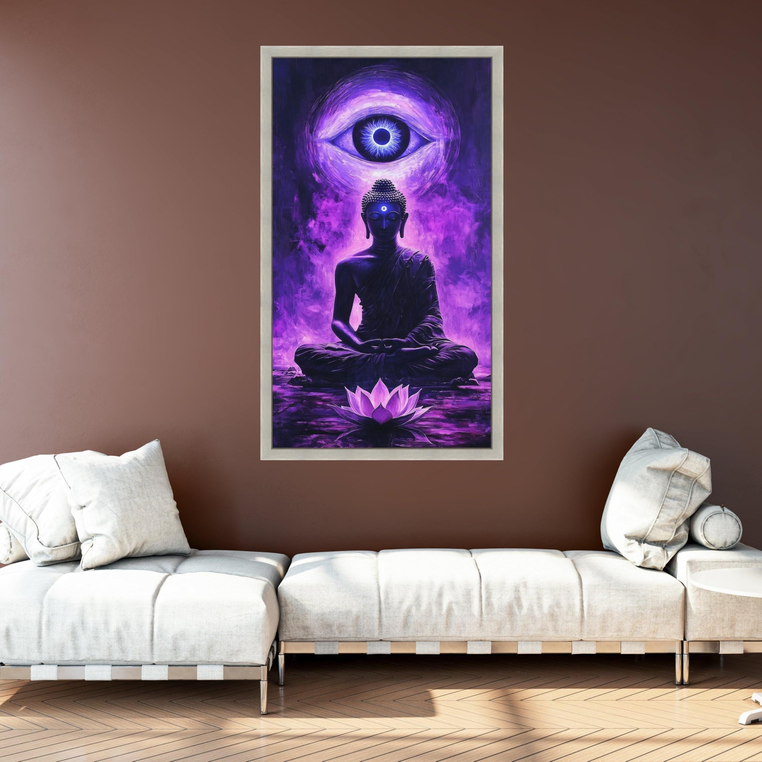 Buddha Meditation Canvas Wall Art, Third Eye Spiritual Painting, Purple Lotus Bloom, Zen Home Decor, Mindfulness Artwork (80 x 150 cm)