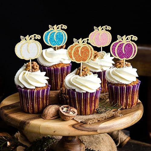 Miniatura 4 de Gyufise 24 adornos de calabaza para cupcakes temáticos de otoño, cosecha de otoño, decoración de pasteles temáticos para baby shower, cumpleaños,