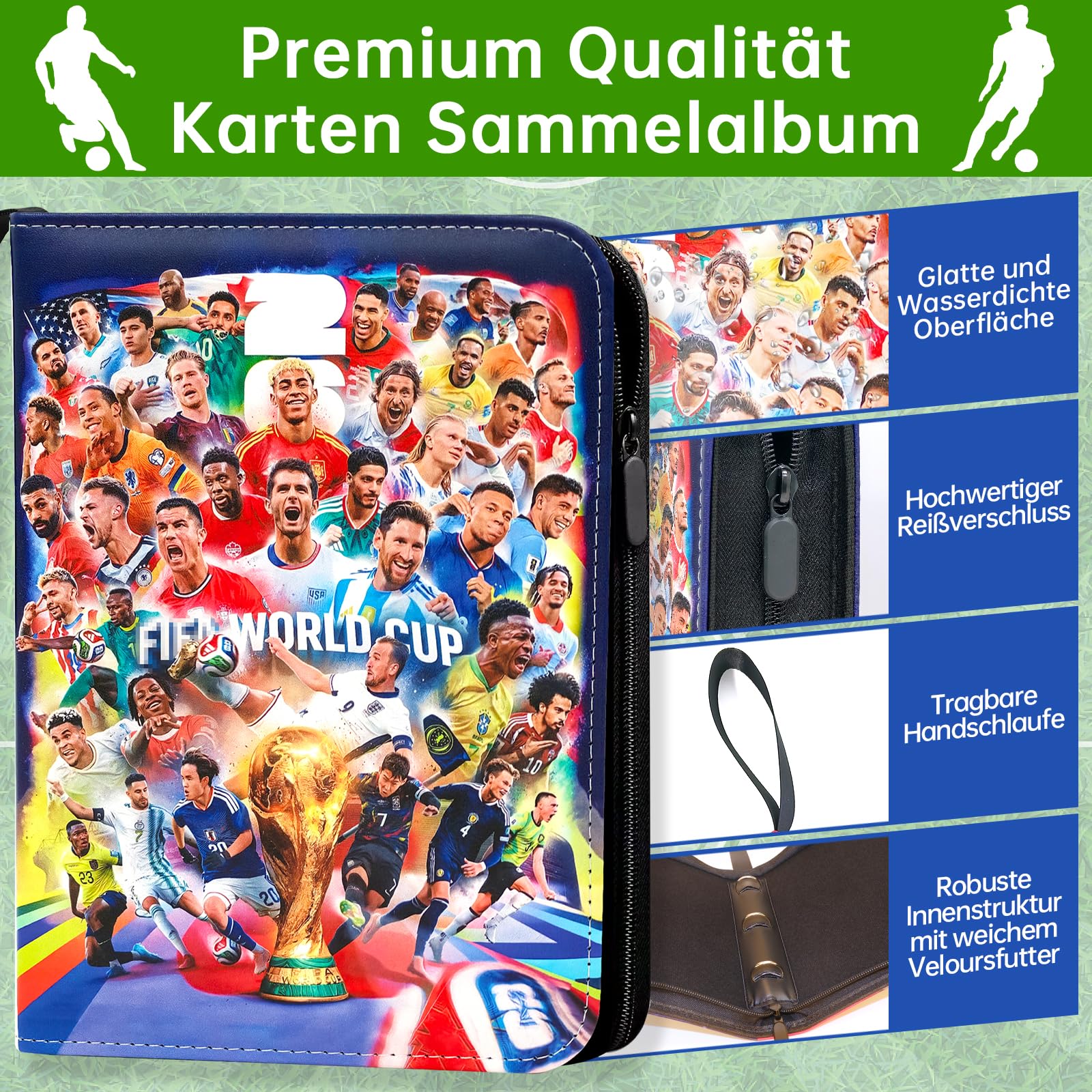 WM 2026 Fussball Sammelkarten Album mit Reißverschluss Tragegriff, 4 Fächern 50 Hüllen für 400 Karten, Fußball Karten Sammelalbum Sammelmappe Sammelheft Sammelbuch, Wasserdicht Heft Ordner - 3