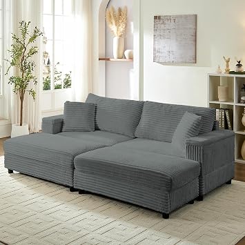 Mjkone 85 Inch Double Chaise Lounge Chair Indoor with Storage Ottomans and Armrests, Oversized Corduroy Upholstered Sofa Bed, Sleeper Couches Reading Chairs with 2 Pillows for Living Room, Light Grey