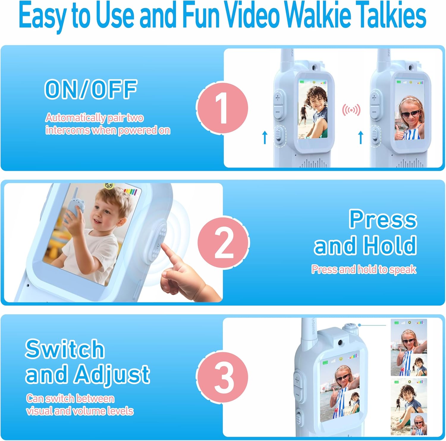 Video Walkie Talkies for Kids, 2 Pack Rechargeable Video Intercom Walkie Talkies, Indoor Outdoor Toys for Family Games, Outside, Camping, Hiking for Boys Girls Ages 3-12