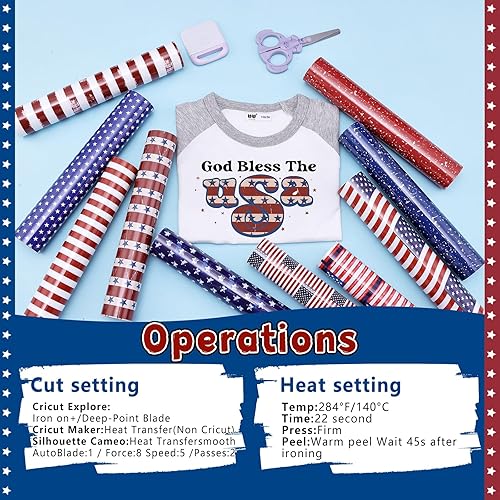 Miniatura 7 de Tintnut Vinilo de transferencia de calor con bandera americana, 10 hojas de vinilo patriótico de 10 x 12 pulgadas, color azul marino y blanco,