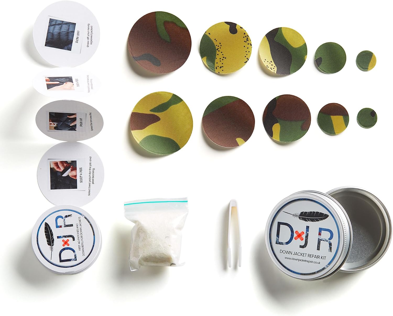 Kit-in-a-Tin - Repair Patches and Goose Down Top-Up for Down Jackets and Sleeping Bags