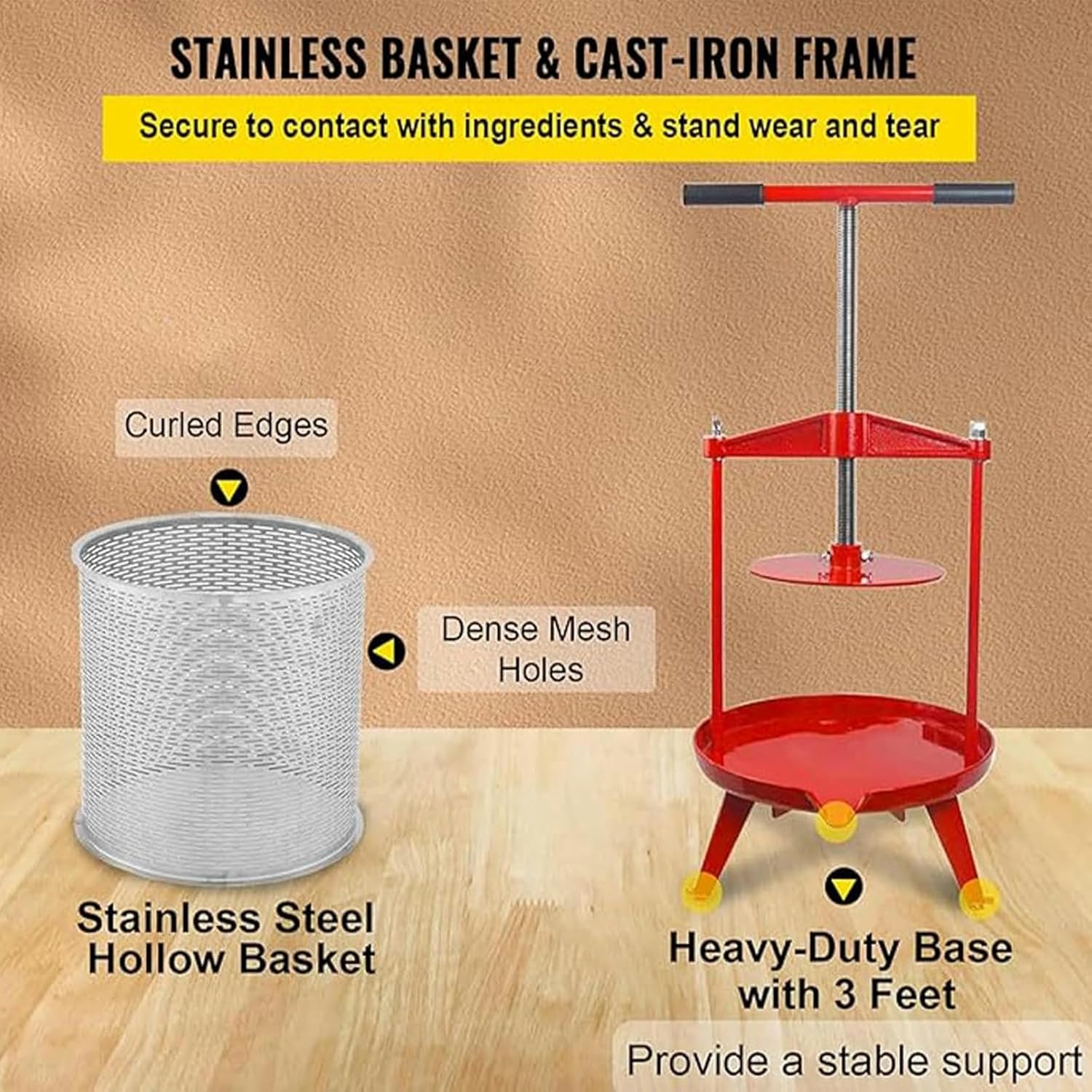 14L Fruit Press, Wine Cider Making, Stainless Steel Hollow Basket, Stable Heavy-Duty Base, Ergonomic T-Handle Honey Press for Orchards and Harvest Season