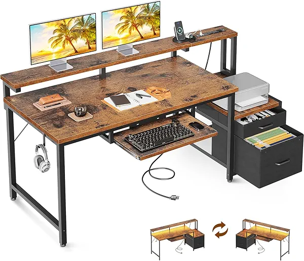 AODK Computer Desk with Drawers, 55" Office Desk with Keyboard Tray and Power Outlet, Reversible Study Work Desk with Printer Space and File Drawers Cabinet for Home Office, Vintage