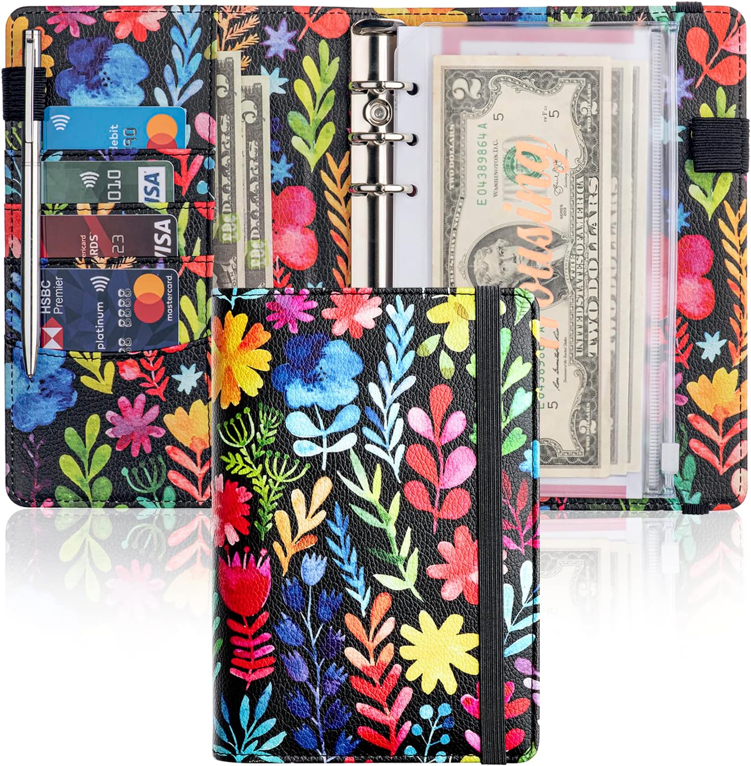A6 Budget Binder for Money Saving, PU Leather Budget Planner with 8 Cash Envelopes, Budget Sheets & Rose Gold Category Stickers, Money Organizer for Cash (Floral)