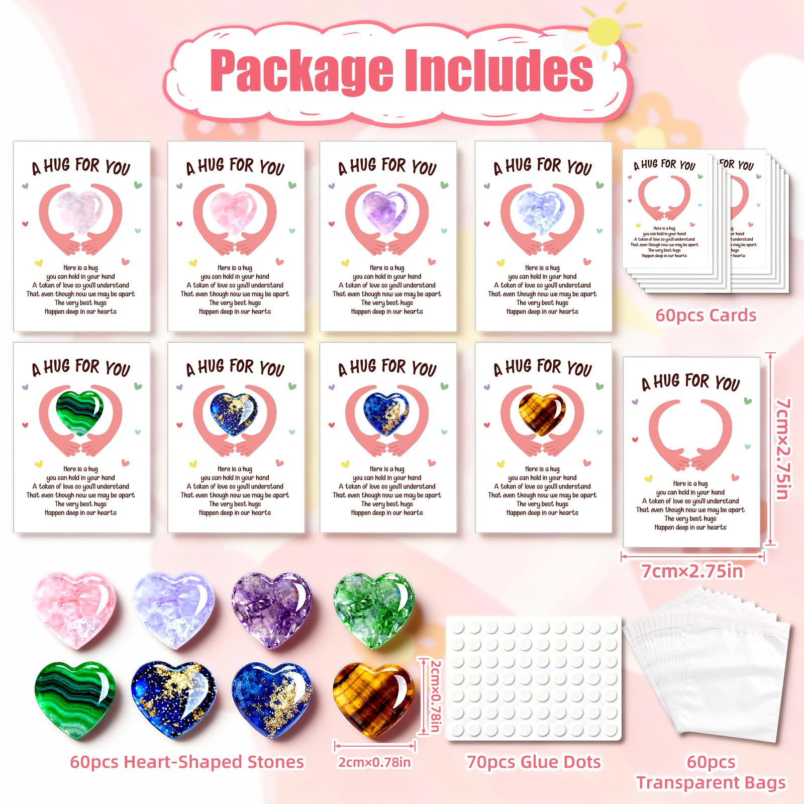 WenmthG 60 Sets Heart-Shaped Stones Pocket Hug Token Bulk Gift Card for Women Men - Valentines Day Gemstones Gifts Exchange for Kids - Christmas Party Gift for Boys Girls Friends Classroom Colleague