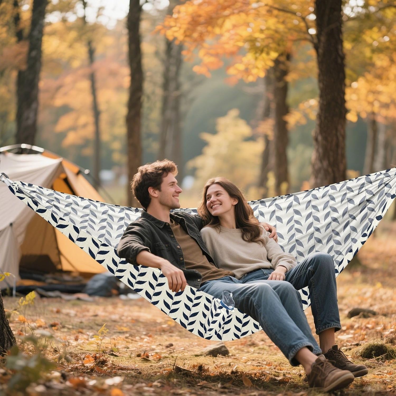 ALAZA Navy Blue Branch Leaves Camping Hammocks Single or 2 Person 500 lbs Portable Parachute Travel Hammock w/Tree Straps for Hiking Backpacking Indoor Outdoor