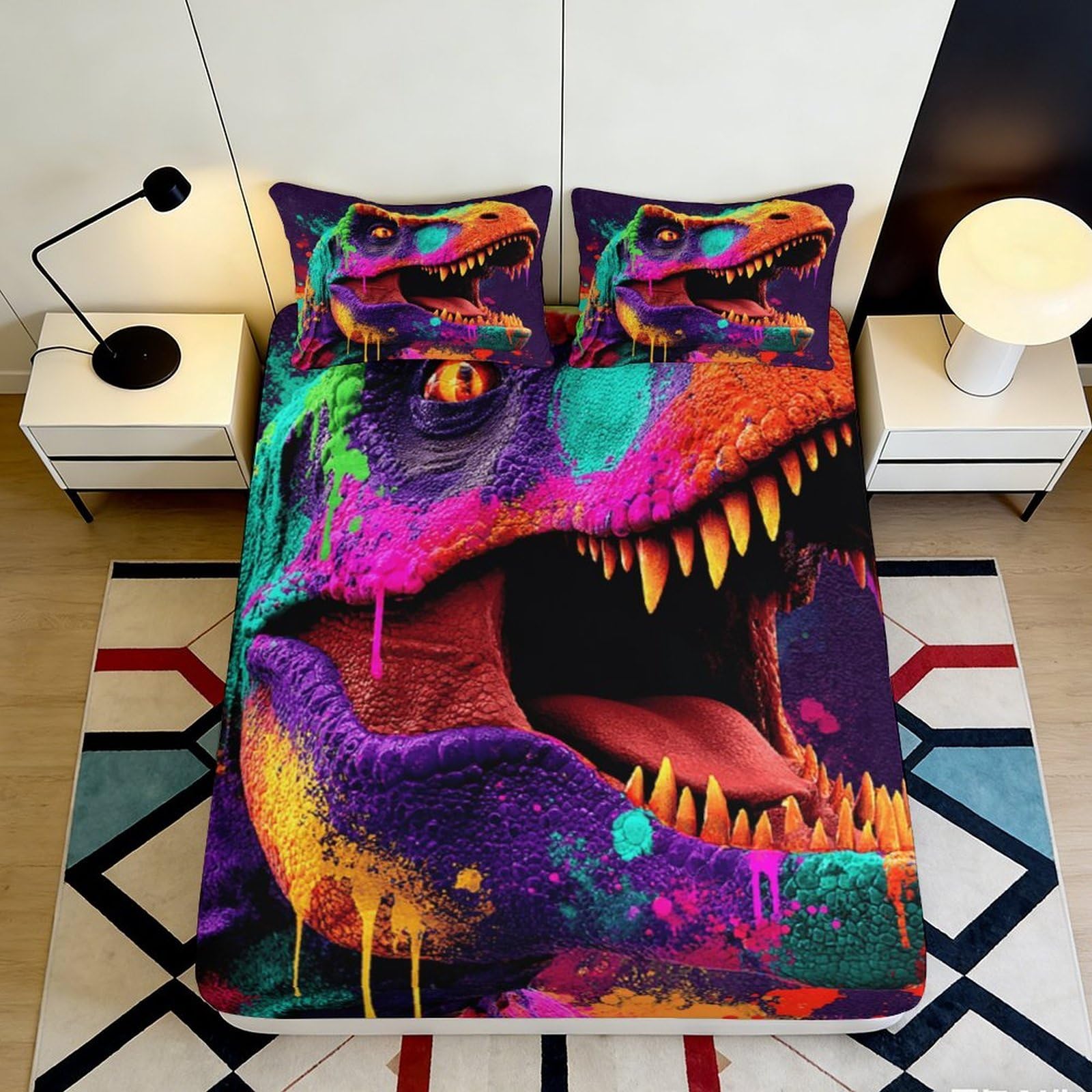 Jqzkxnhpbr Style-6 3D Printed Neon Dinosaur Fitted Sheet Microfiber Soft Breathable Graffiti Skull Mattress Cover For Bedroom Guest Room Decor 90X200x25cm