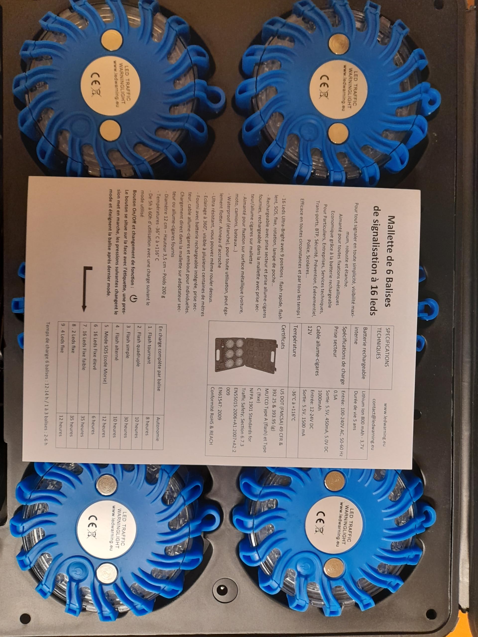 Maletín de 6 balizas Pro Girofaro de señalización Pro con 16 Leds Azul Recargable LEDwarning. Vendedor y Stock en Francia