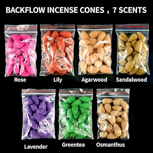 Miniatura 3 de Conos de incienso de reflujo, 7 conos de incienso mixtos (140 piezas) para cascada y un quemador de incienso de reflujo. Conos de incienso naturales