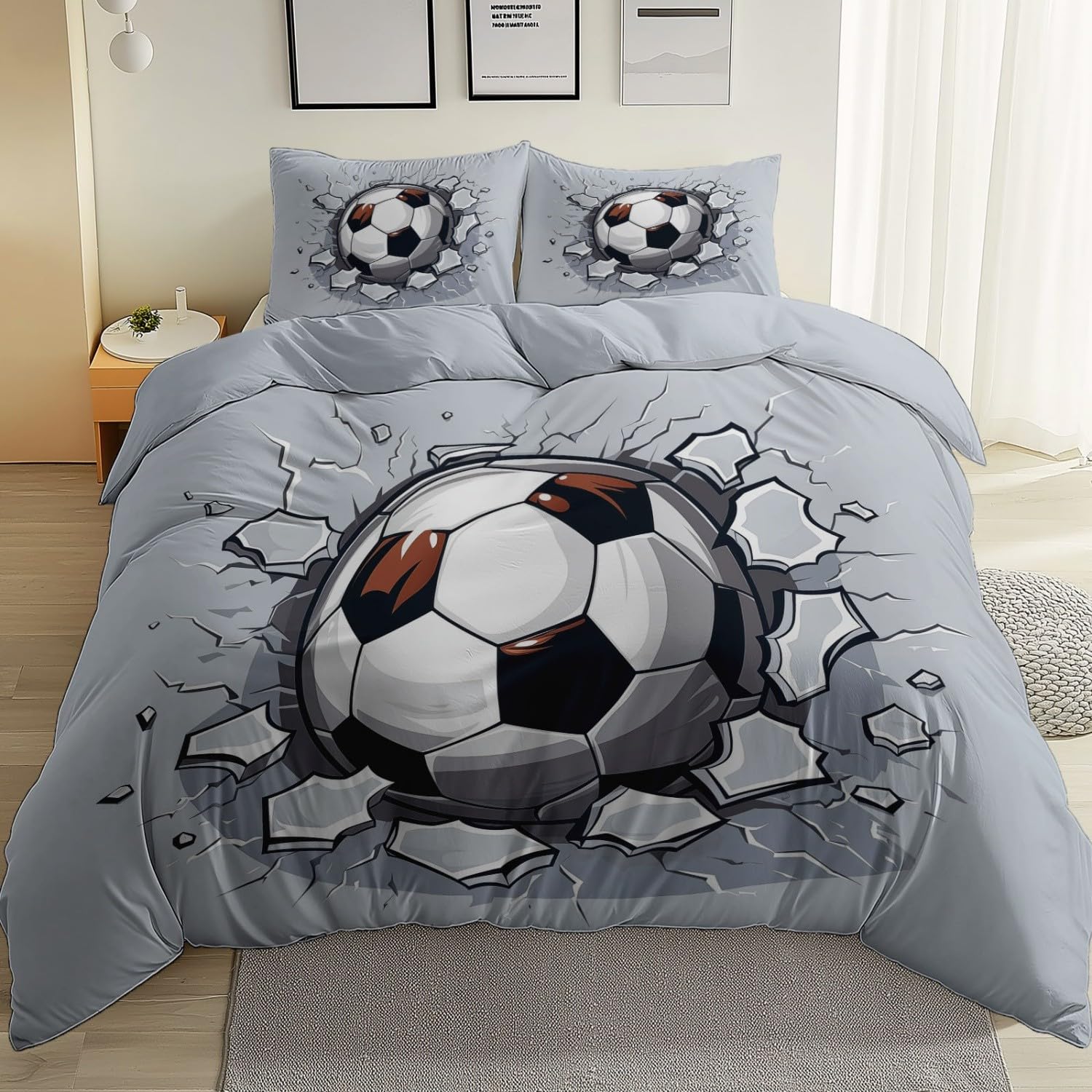 Bettwäsche 220 x 240 cm, Wende Bettbezug Set für Kinder Jungen Mädchen, Schwarz Weiß Bequem Atmungsaktiv Einfache Pflege Cartoon Fußball Crack Grunge Sport Bettwäsche Set
