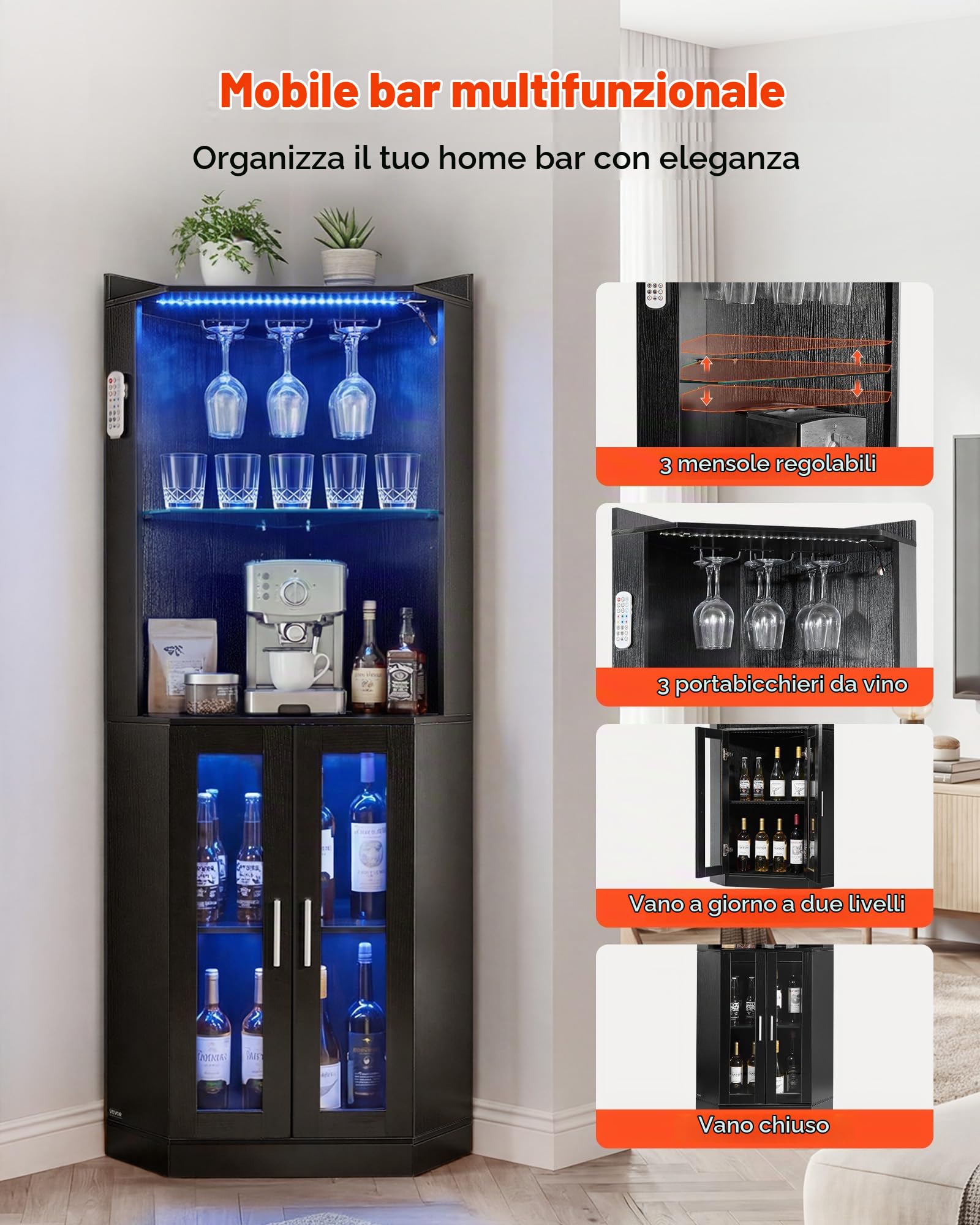 VEVOR Mobile Bar Angolare Portavini da Soggiorno, Scaffale Angolare Bar 50 x 50 x 170 cm da Casa con Illuminazione LED Dimmerabile Portabicchieri, Protezione Antiribaltamento da Sala da Pranzo