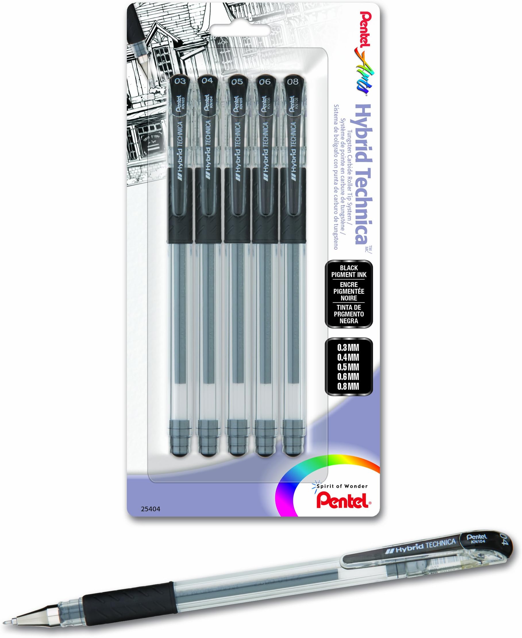 Arts Hybrid Technica Gel Pen with Assorted Tip Sizes, Black Ink, Pack of 5 (KN10BP5A)