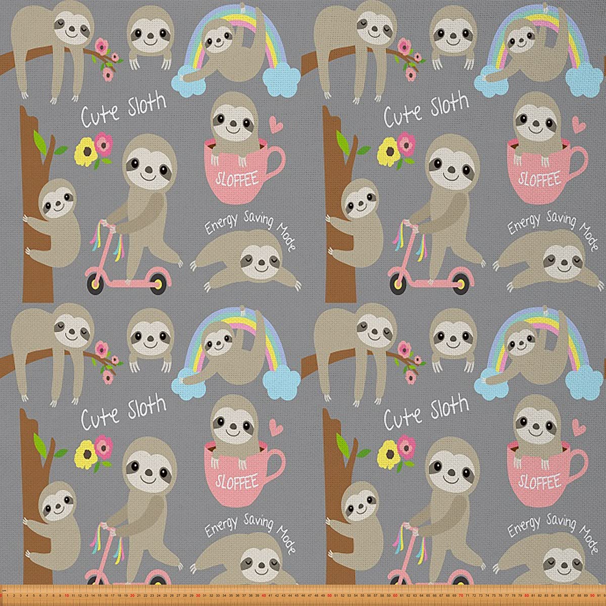 Sloth Fabric by The Yard Cute Cartoon Zoo Animal Upholstery Fabric for Chairs Sloth Rainbow Print Decorative Waterproof Outdoor Fabric 5 Yards,(L460*W150cm) Gray