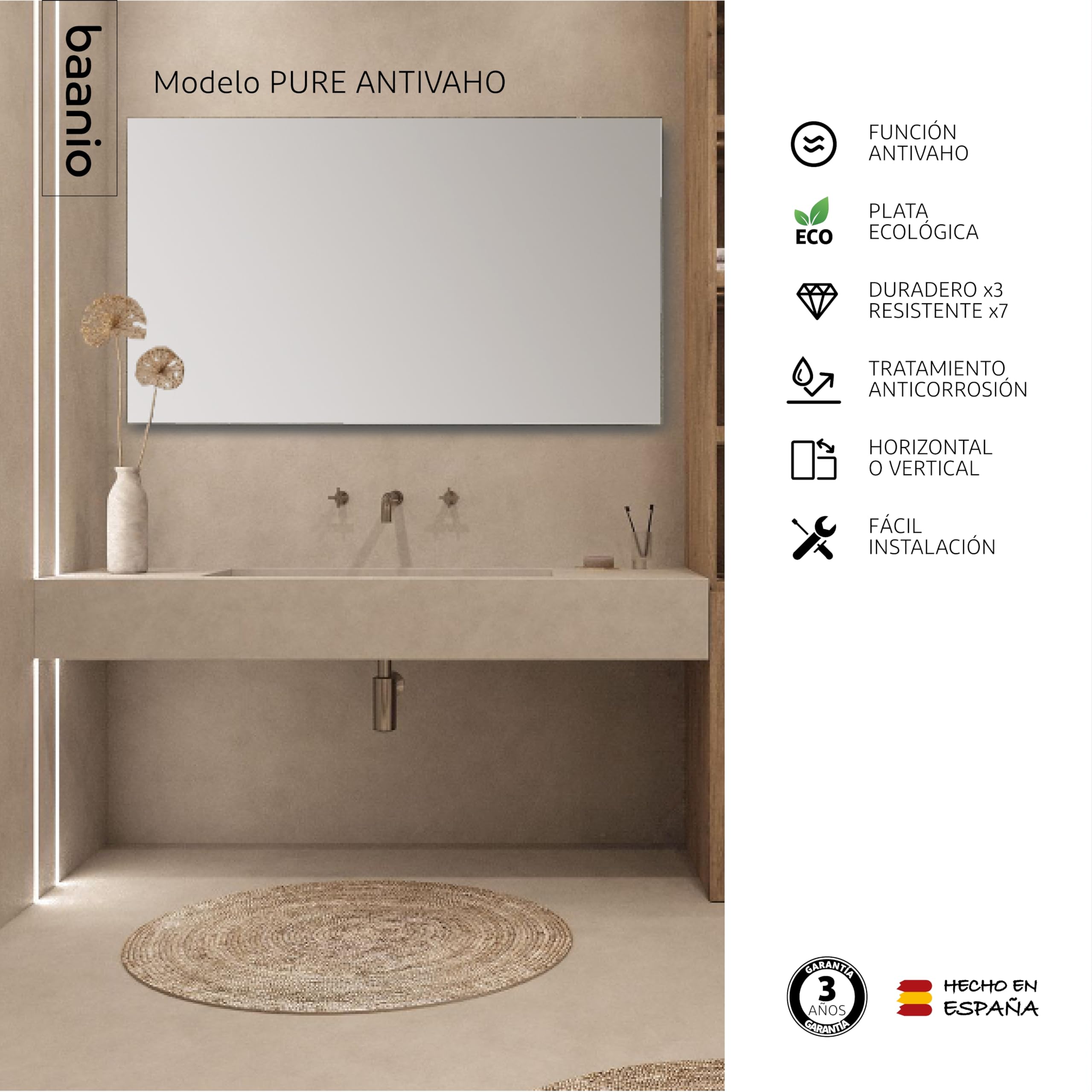 Espejo Baño Rectangular 80x140 cm Pure | Espejos de Baño con Antivaho | Vidrio Resistente 4 mm, Plata Ecológica sin Cobre, Fácil Instalación | Montaje Horizontal o Vertical | Diseño Moderno