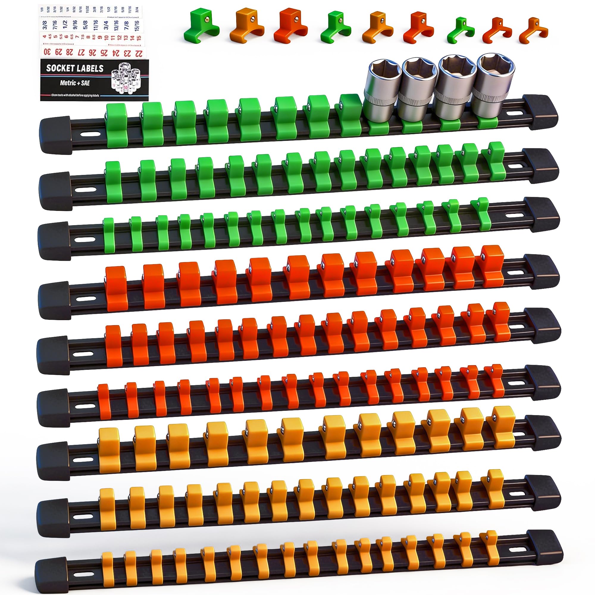 SWANLAKE Organizer Socket Holder, 9PCS 1/4-Inch x 48 Clips, 3/8-Inch x 45 Clips, 1/2-Inch x 36 Clips, Premium Quality Socket Clip Rail Holder